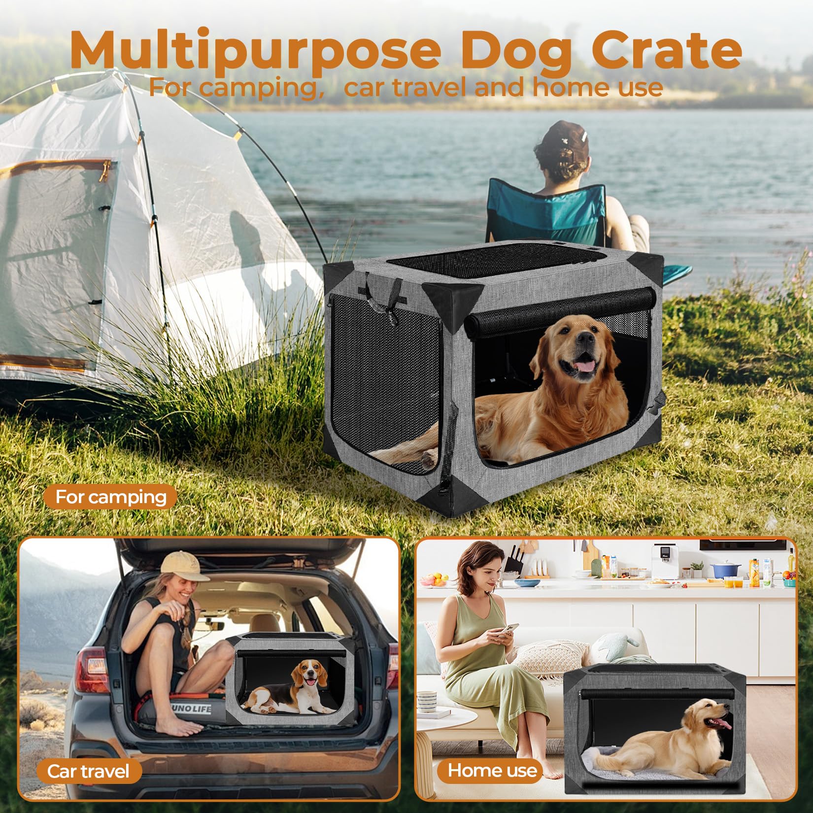 Nottia Dog Crate - Collapsible Soft Travel Kennel for Large Dogs, 36"x25"x25", Dark Gray, Chew-Proof Mesh, Model DC00036