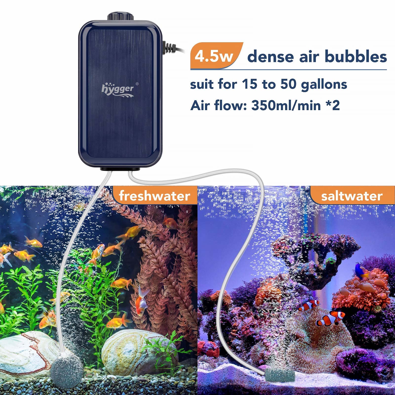 Hygger Aquarium Air Pump, Adjustable Oxygen Pump, Silent Powerful Aerator Pump 2W/3W/4.5W/6W/ 2 Air Outlets Ultra For Up To 70 G