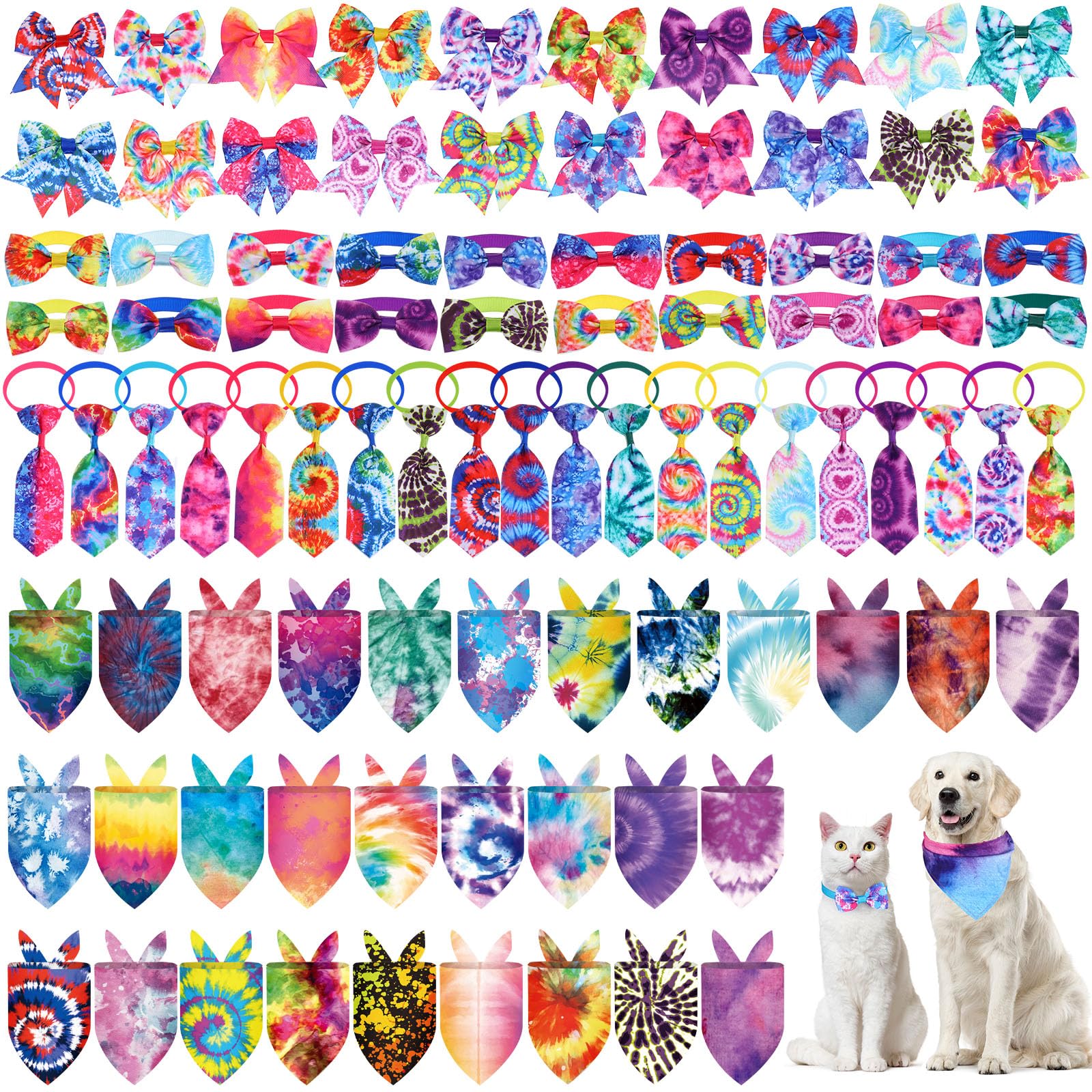 Reginary 120 Pcs Tie Dye Dog Bandanas Bulk Dog Bows Set Bow Ties Cat Scarf Colorful Washable Triangle Pet Kerchief Cute Bib For 