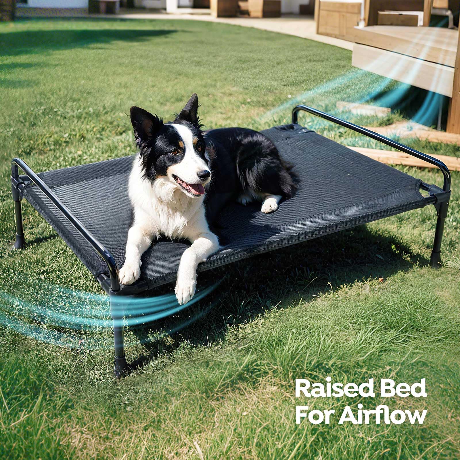 Veehoo Elevated Raised Dog Bed+Removable Padded Bolster-Cooling Outdoor Indoor Dog Cot Bed with Railing for Large Sized Dogs, Pe