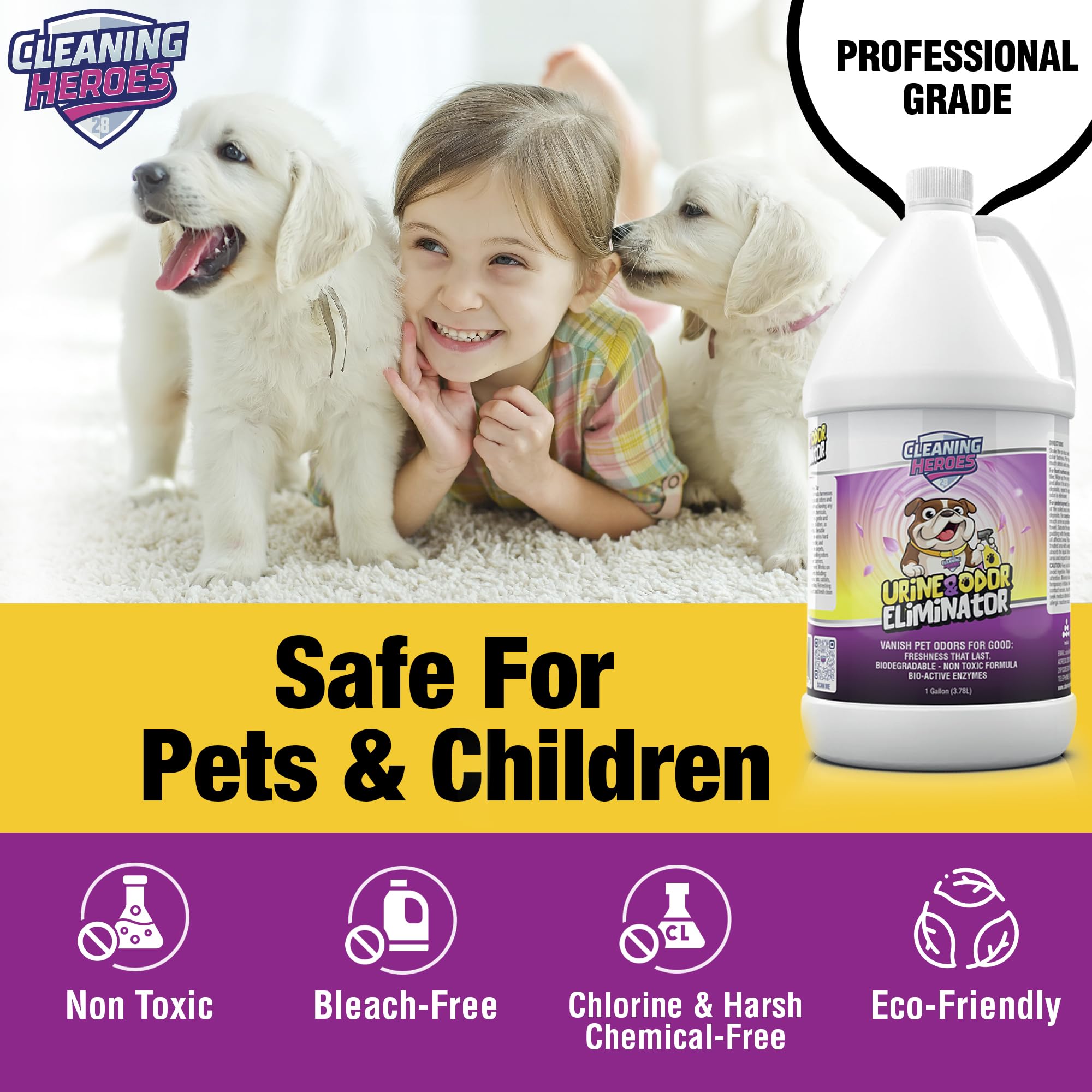 Cleaning Heroes Pet Carpet Cleaner & Urine Odor Eliminator For Strong Odor - 128Oz Enzyme Cleaning Spray For Cat & Dog Pee - Spo