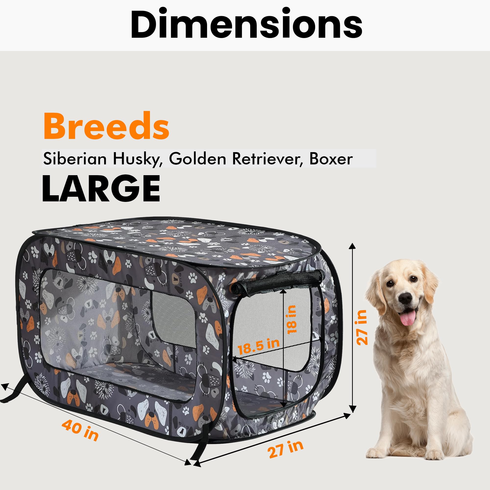 Beatrice Home Fashions Portable, Collapsible, Pop Up Kennel Travel Cat And Dog Crate, 40'' L X 27'' W X 27'' H, Face Of Love