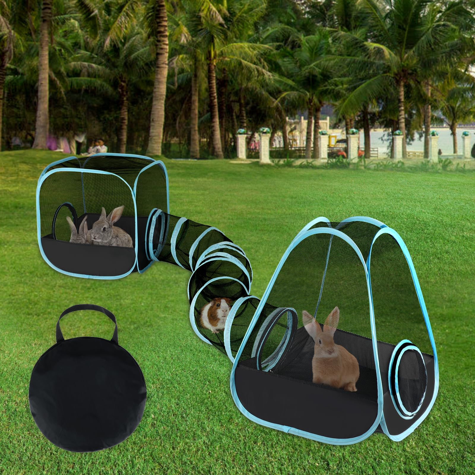 GINDOOR Rabbit Playpen with Tunnel, Breathable & Transparent Rabbit Playpen Pop Open Tent with Tube for Dwarf Rabbits,Ferret, Sm