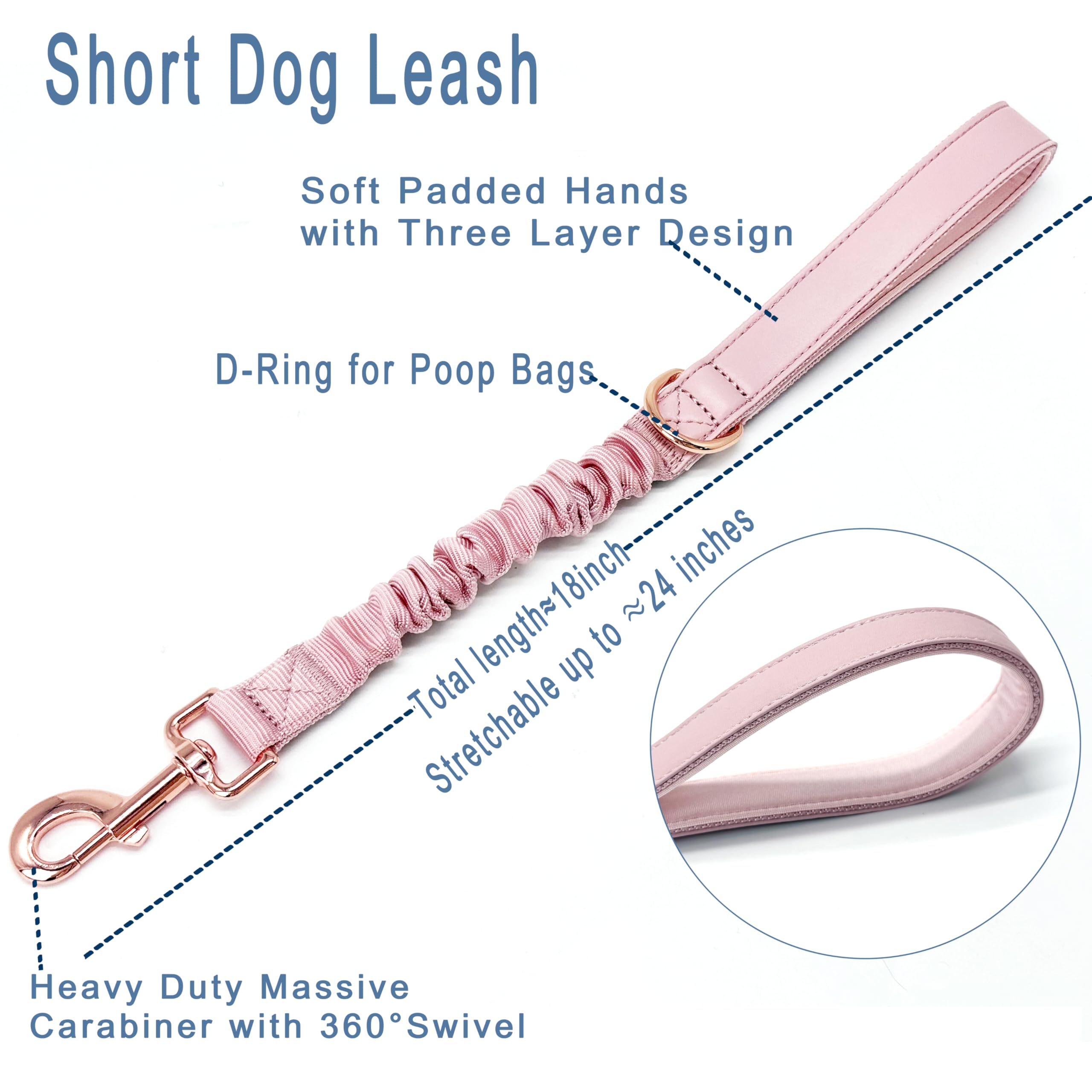 18'' Short Dog Leash Comfortable Soft Nylon Bungee Resistance Elastic Short Leash For Large And Medium Dogs (Pink, 18''-24'')