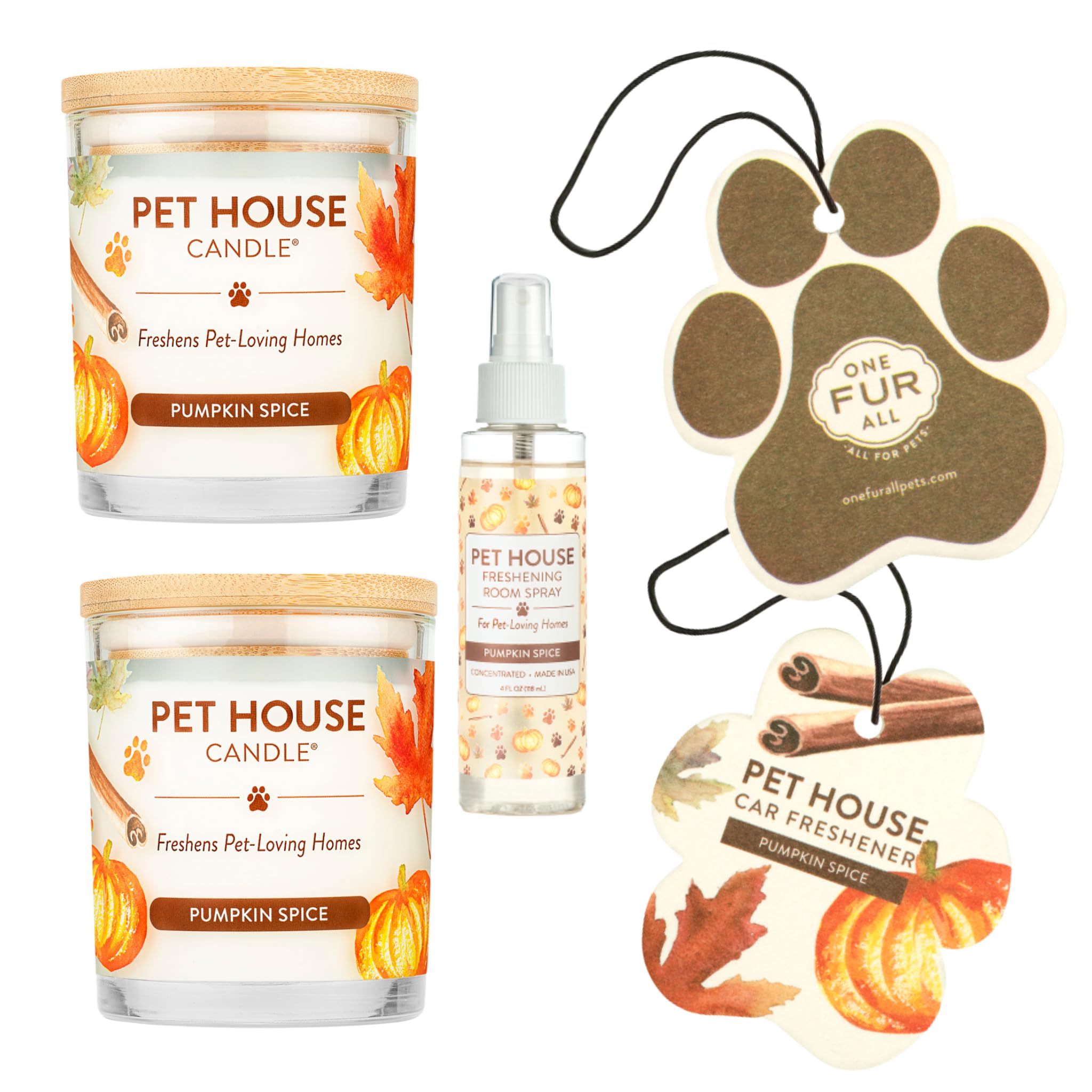 One Fur All Pet House Value Pack, Plant-Based Scented Soy Candles, Room Spray And Car Air Freshener, Cat And Dog Friendly, Pet O
