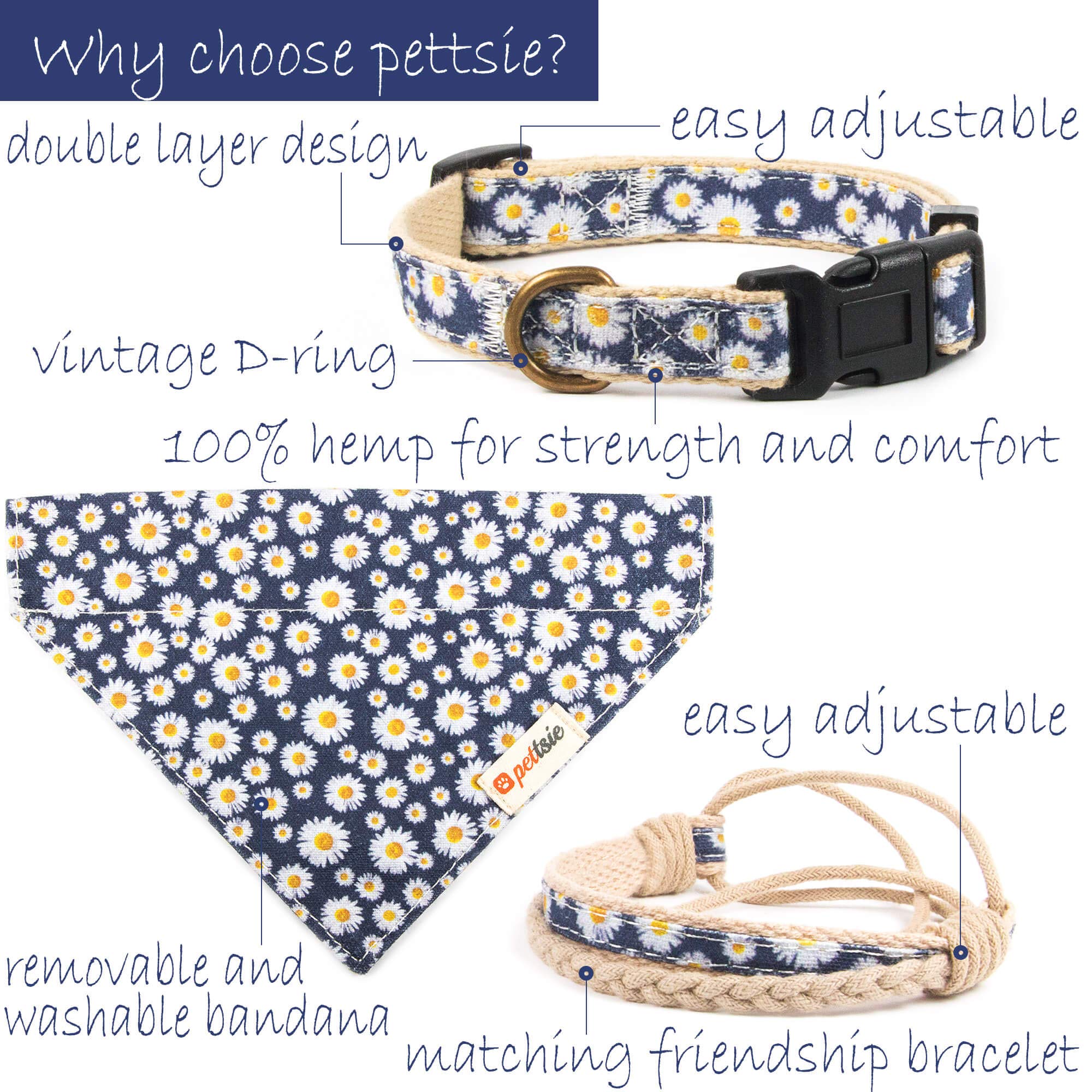 Pettsie Matching Dog Collar, Bandana, Friendship Bracelet, Gift Box, Durable Hemp, 4 Adjustable Sizes, Comfortable And Soft For Sensitive Skin, Strong D-Ring For Easy Leash Attachment, S, Blue