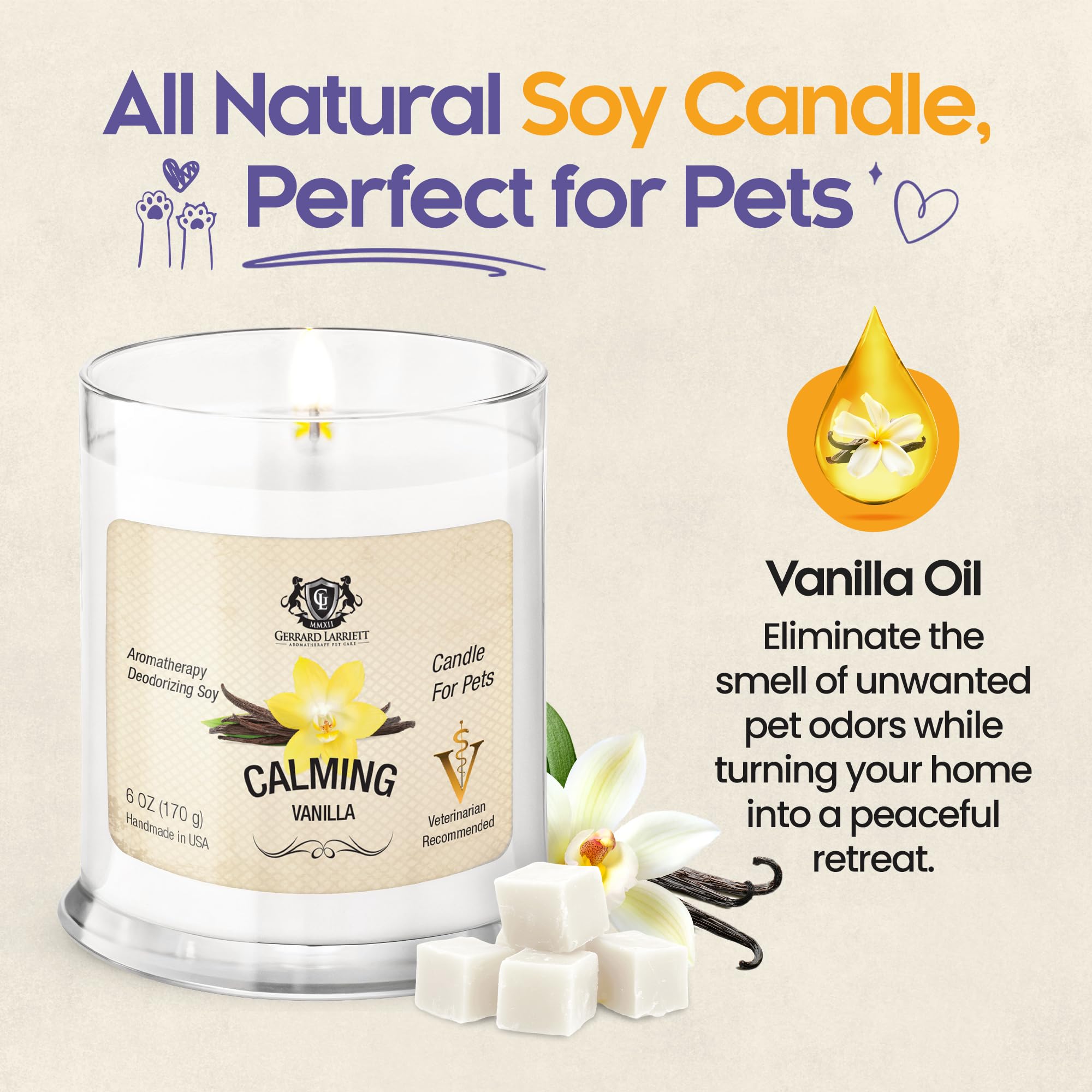 Gerrard Larriett - Deodorizing Soy Candles For Pets, Scented Candles For Removing Pet/Household Odors, White Candles For Home Scented With Calming Vanilla Candle Lasts Up To 40 Hours, 10 Oz