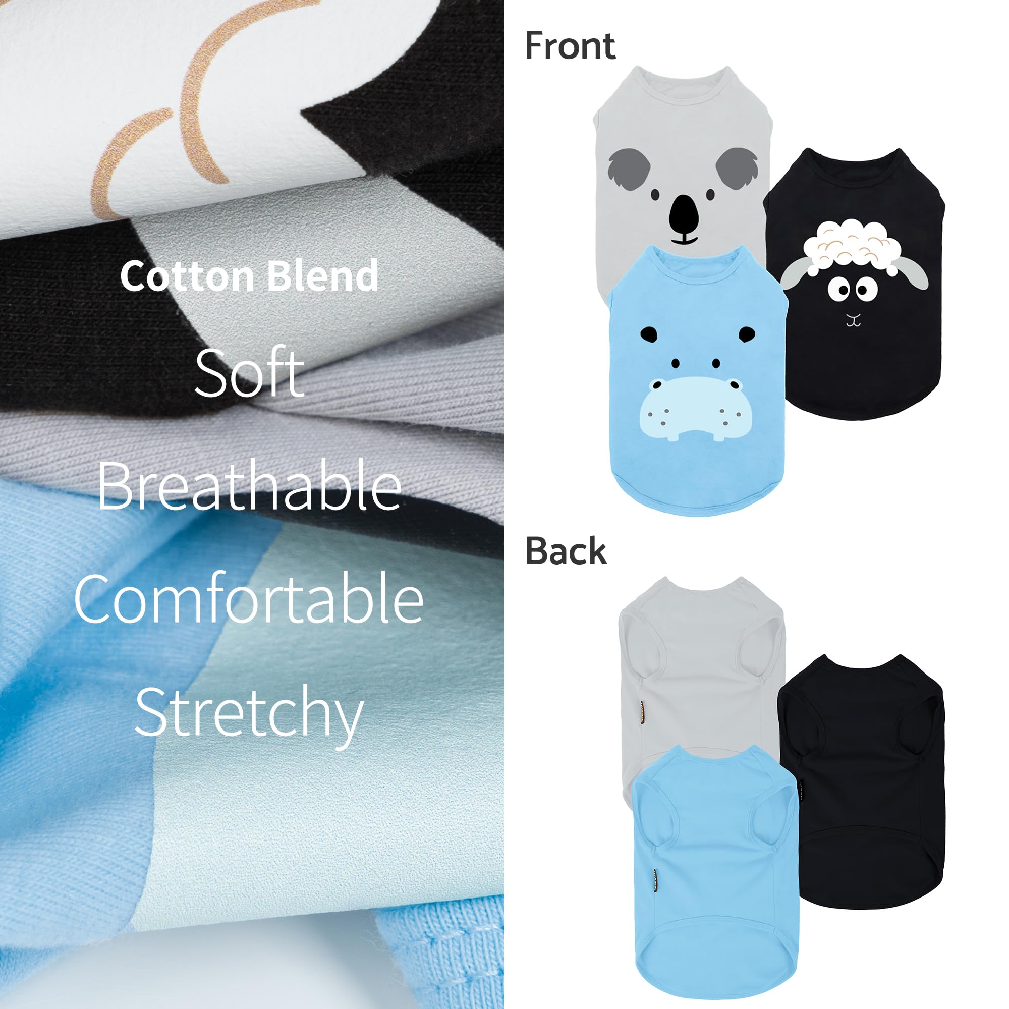 Fitwarm 3 Pack Hippo Sheep Koala Dog Shirt, Summer Clothes For Small Dogs Boy Girls, Funny Pet Outfit, Black, White, Gray, Blue,