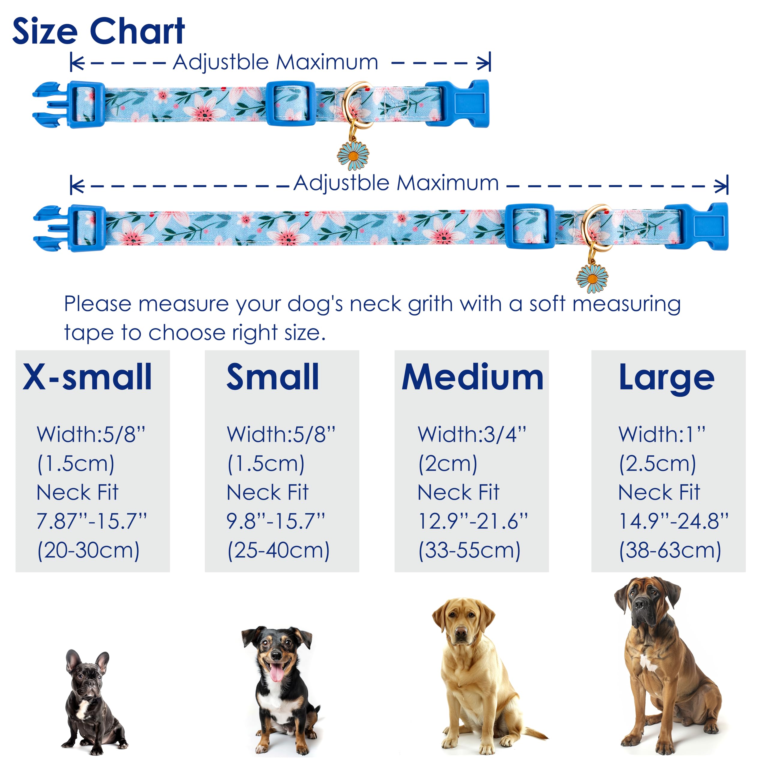 Raisingwell Cotton Dog Collar Blue Flower Pattern For Boys And Girls Cute Dog Collars Summer Fall Gift Adjustable For Small To M