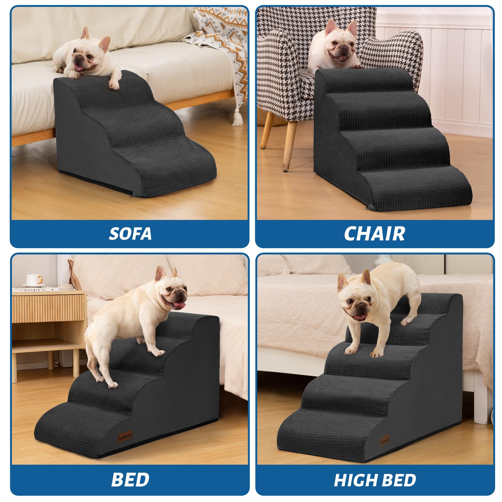 Aodisman 5-Step Dog Stairs and Ramp for High Bed, Non-Slip Sturdy Pet Steps for Small Dogs and Cats,22.2 H, Black