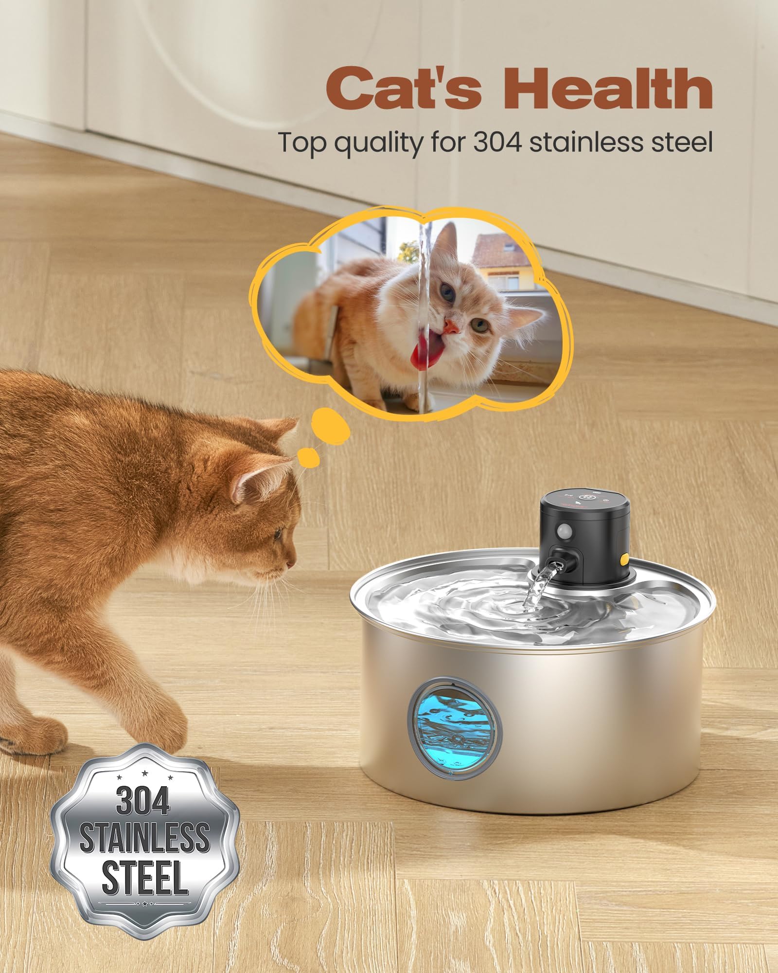 Cat Water Fountain Wireless Cordless: Cat Fountain Battery Operated - Stainless Steel Pet Water Fountain Rechargeable - 108Oz/3.