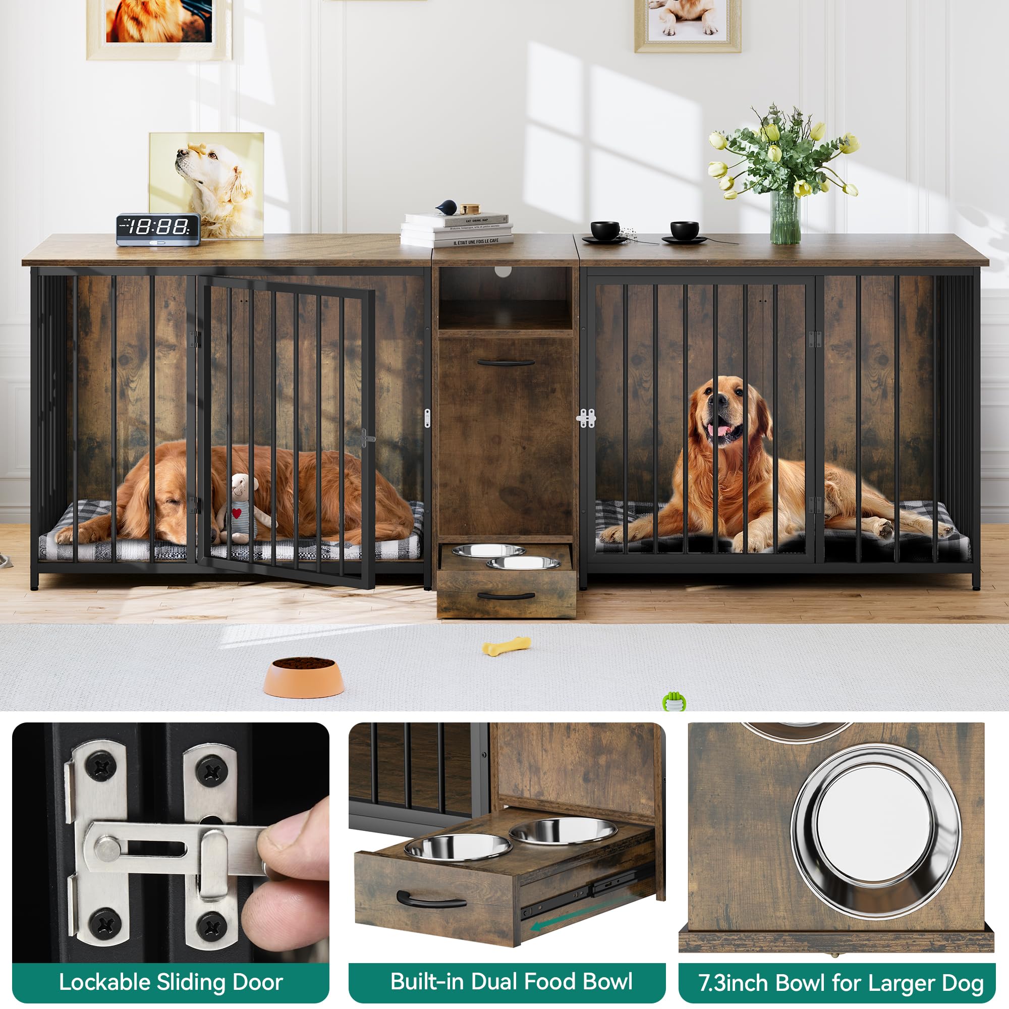 YITAHOME 94.5 Large Dog Crate Furniture with Feeder Bowls, Heavy Duty Dog Kennel with Room Divider and Drawer, Wooden Dog House
