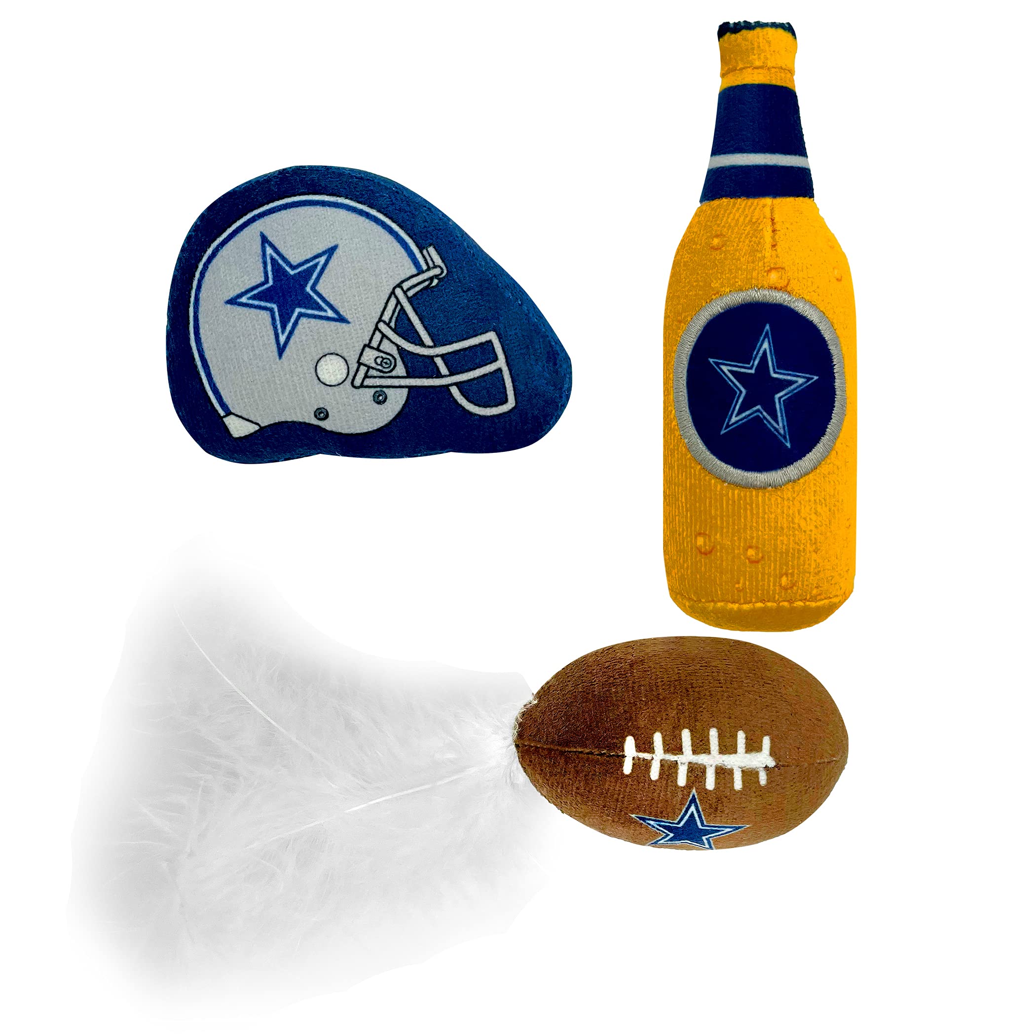 BEST PLUSH CAT TOY - NFL DALLAS COWBOYS Complete Set of 3 piece Cat Toys filled with Fresh Catnip. Includes: 1 Helmet Cat Toy, 1