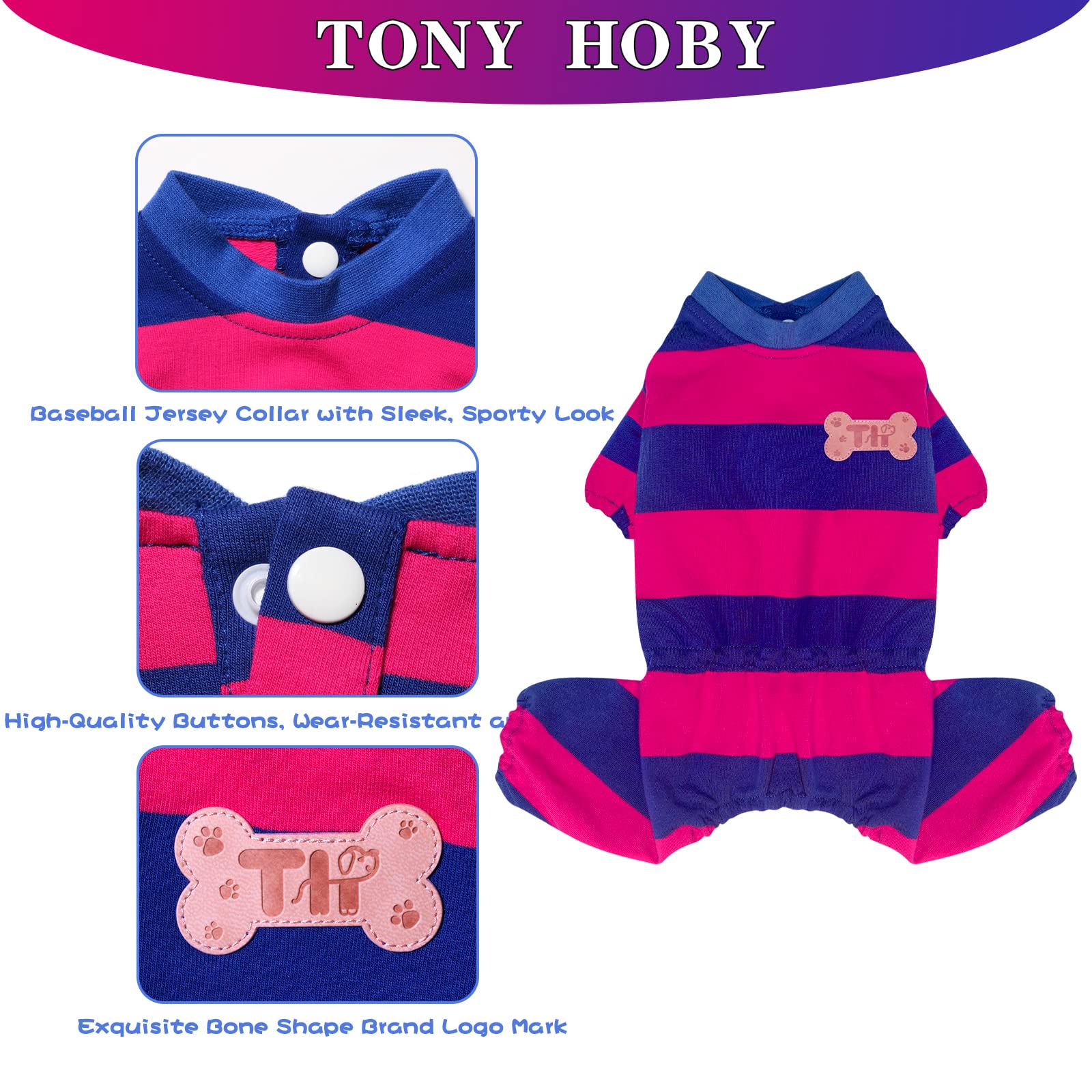 Tony Hoby Dog Shirt, Dog, 4 Legged Dog Jumpsuit With Baseball Uniform Collar, Pet Clothes For Small Medium Dog (Sapphire Blue&Rose, Xs)