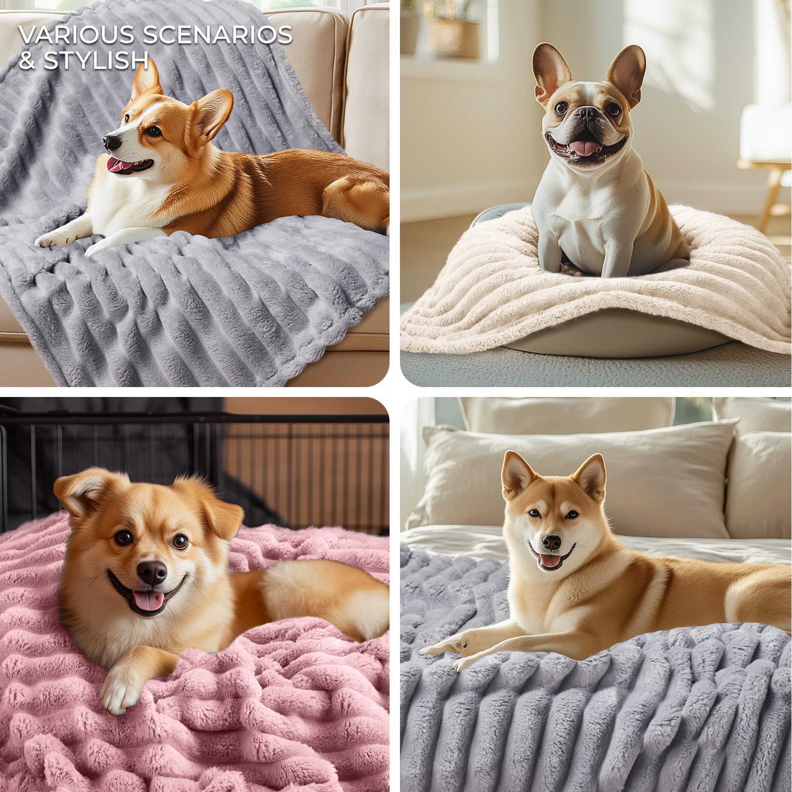 Linenlux 1 Pack 3 Soft Fleece Dog Blanket For Pet Washable Warm Cat Puppy Fluffy Calming Flannel Beige/Pink/Grey Small