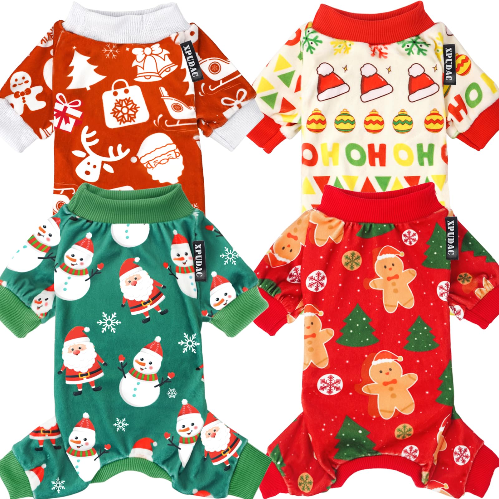 Xpudac 4 Piece Dog Christmas Pajamas Santa Pet Clothes Cute Snowman Dog Pajamas Red Green Xx-Large