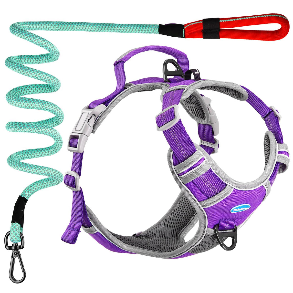 Thinkpet No Pull Harness Breathable Sport Harness With Handle - Reflective Padded Dog Safety Vest With Reflective Neon Dog Leash L Harness Leash Pack Purple