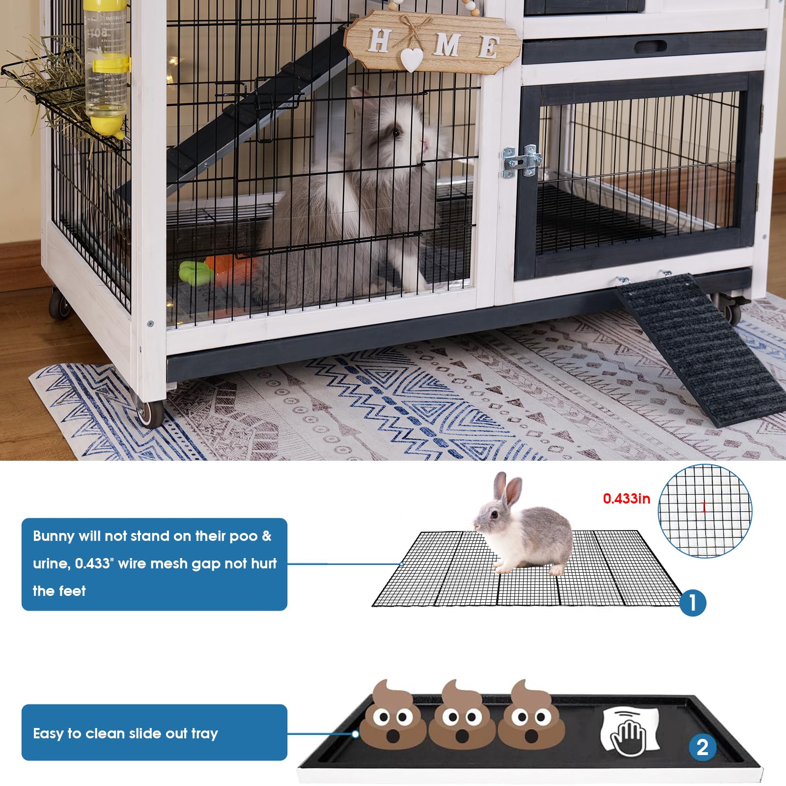Funxplore Rabbit Hutch Indoor Bunny Cage Outdoor With Urine Guards 2 Storey Mobile Guinea Pig Cage Wire Bottom 2 Trays