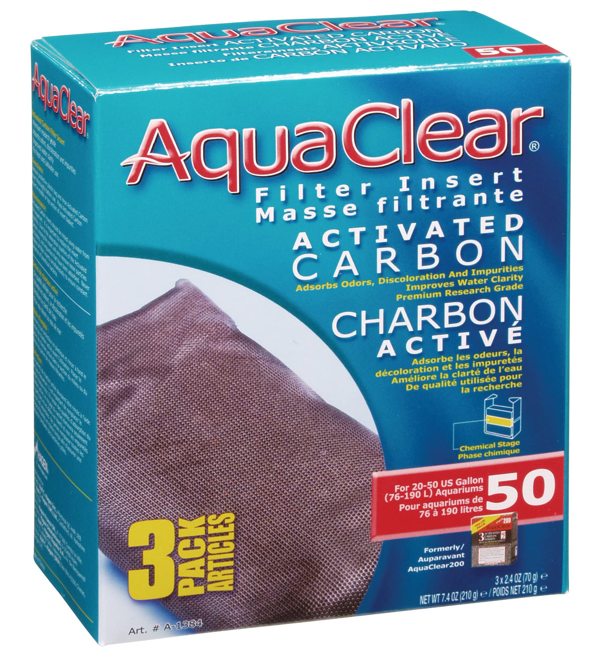 Aqua Clear Aquaclear Activated Carbon Filter Inserts, 3 Pack - Replacement Chemical Filter Media For 50 Gallon Tank