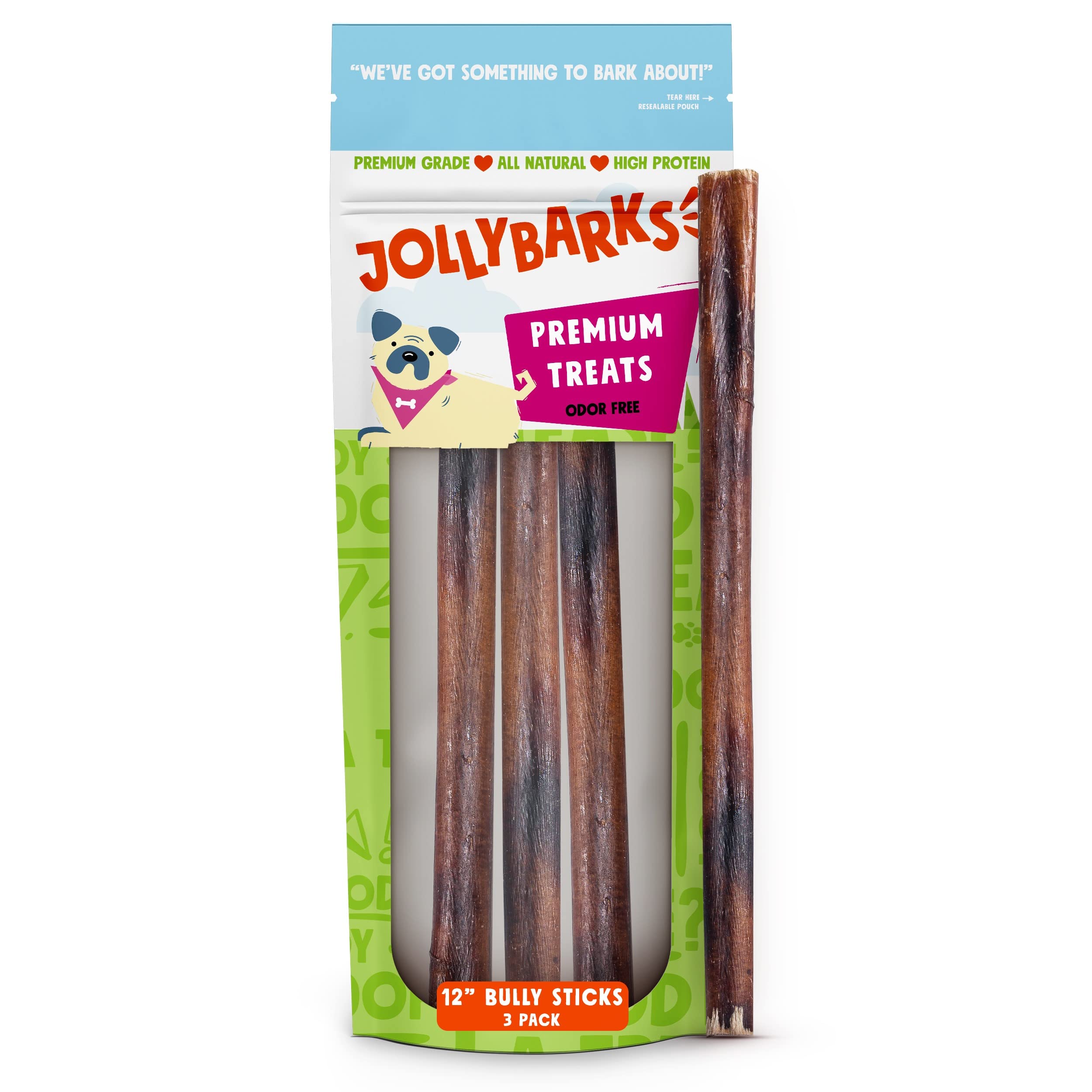 Jolly Barks Dog Bully Sticks, 6 Inch Chew Treats for Medium Dogs, Odorless, 5 Pack