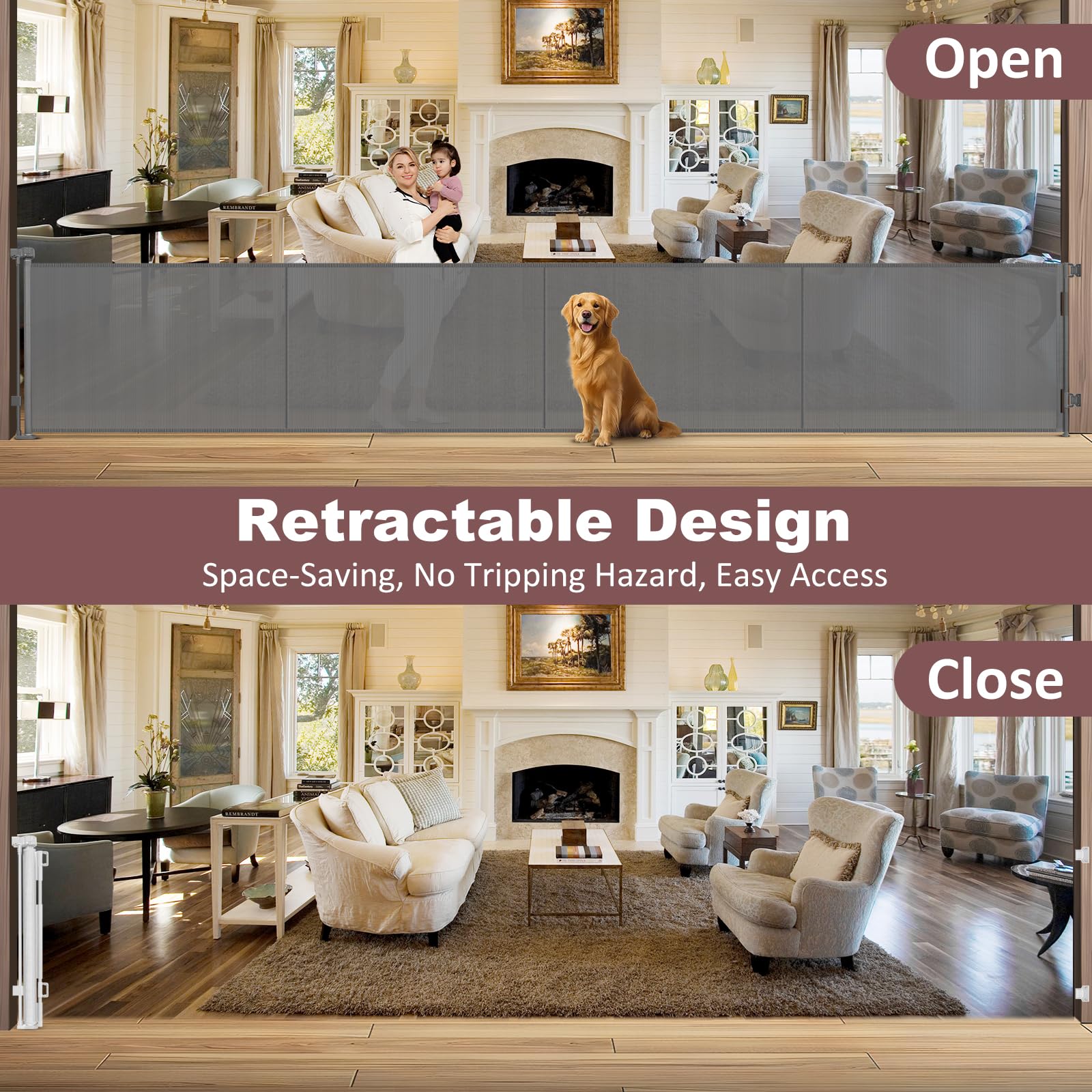 GRENFU Retractable Dog Gate - 41" Tall x 200" Wide, Gray, Extra Wide Indoor/Outdoor Baby Fence with Support Rods, Model TH-A131