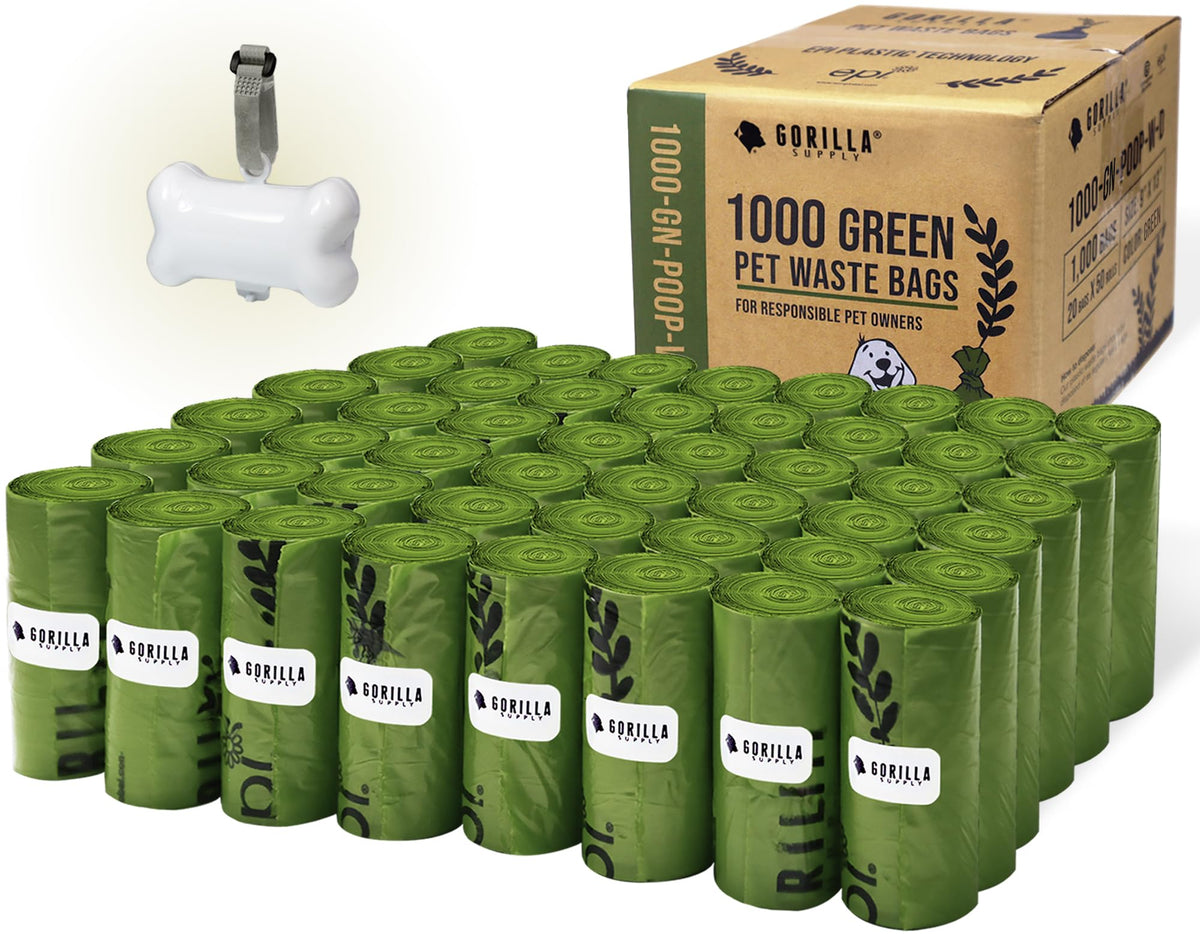 Gorilla Supply Dog Poop Waste Bags With Dispenser And Leash Tie, 9'' X 13'', Green, 1000 Count