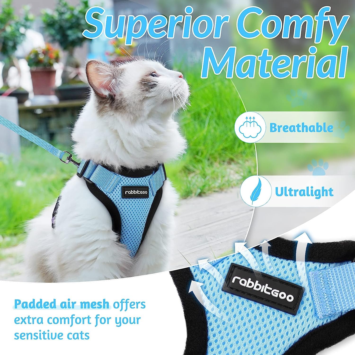 Rabbitgoo Cat Harness And Leash For Walking, Escape Proof Soft Adjustable Vest Harnesses For Cats, Easy Control Breathable Reflective Strips Jacket, Light Blue, Xxs