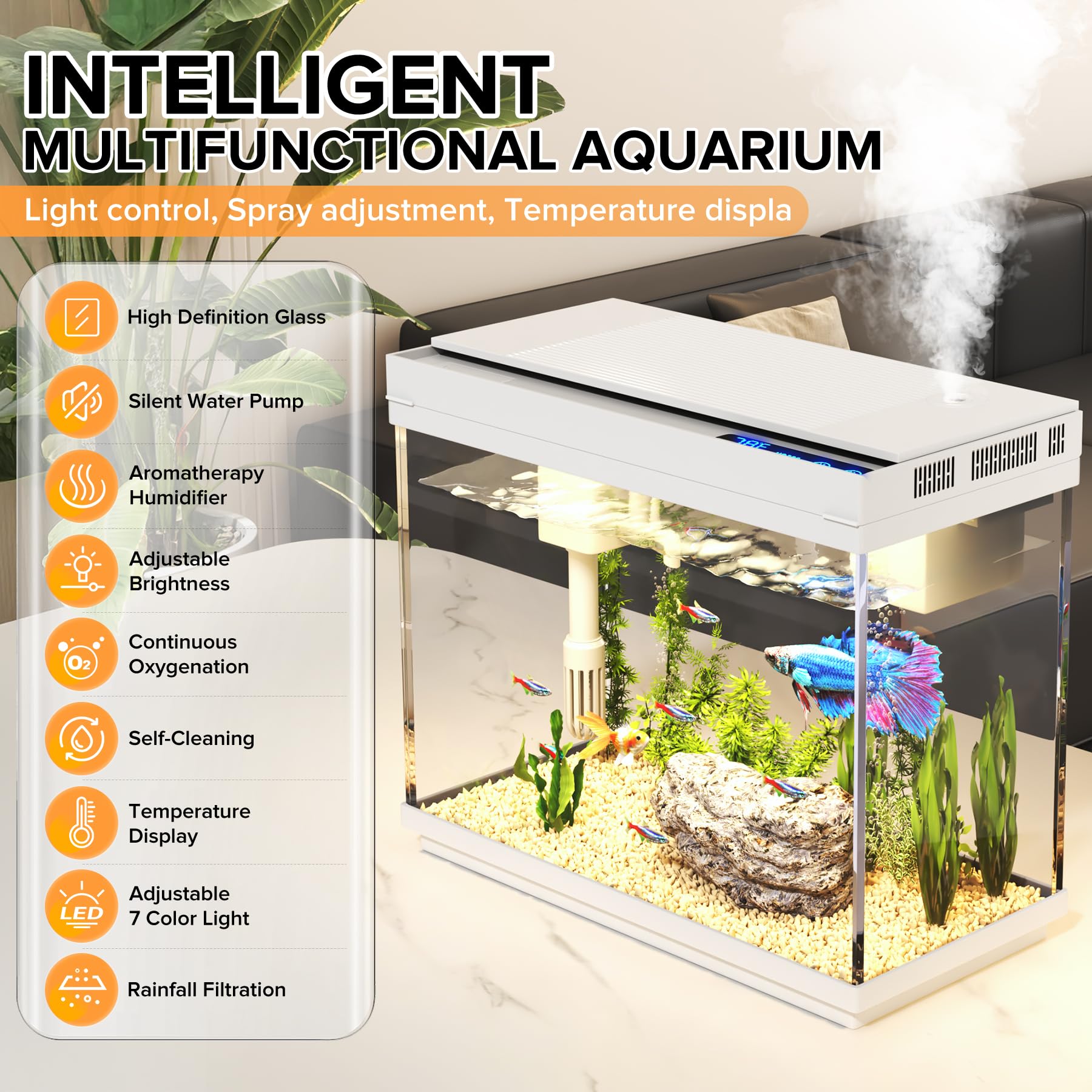 Vehipa Fish Tank 2.4 Gallon Aquarium Kit with Humidifier 7-Color Auto-Looping 3 in 1 Quiet Pump with Filteration & Oxygenation &