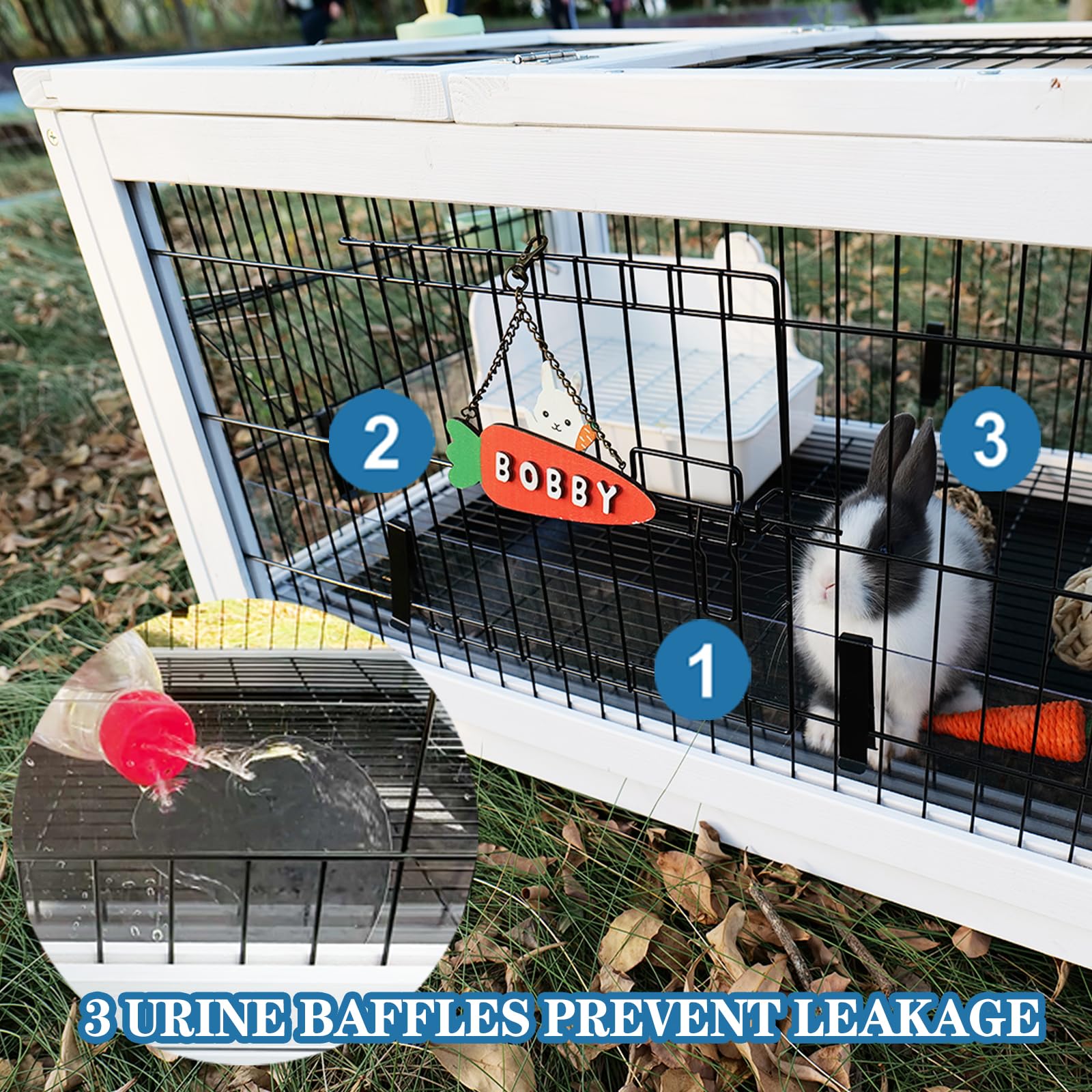 Funxplore Rabbit Hutch Indoor Outdoor Rabbit Cage Bunny Hutch With Casters, Urine Baffles Bottom Wire Floor Leakproof Tray Metal