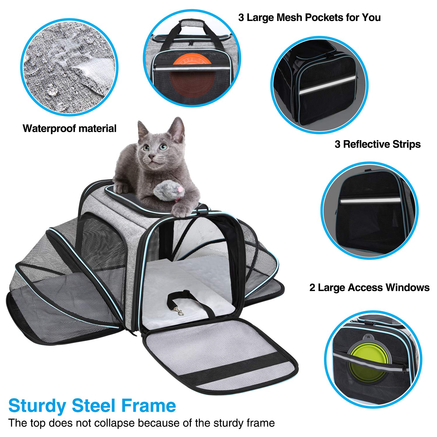 Maskeyon Airline Approved Portable Pet Carrier 2 Sides Expandable Soft-Sided Large Cats Carrier Collapsible Kennel Travel Tsa Carrier 4 Doors With Removable Pads And 3 Pockets For Puppy Small Dogs