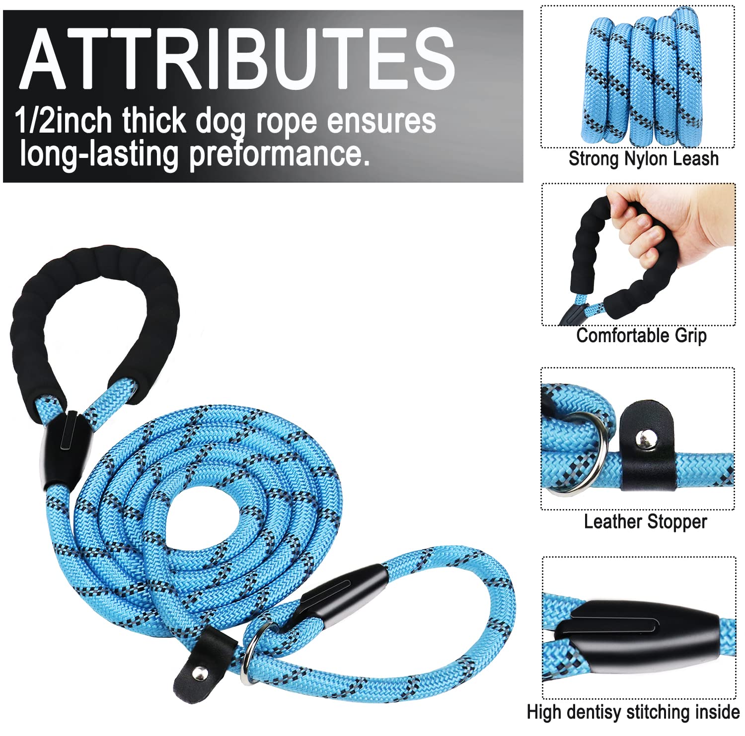 Dog Leash, 6 Ft Slip Lead Dog Leashes, Durable Premium Quality Strong Training Rope Slip Leash With Comfortable Padded Handle An