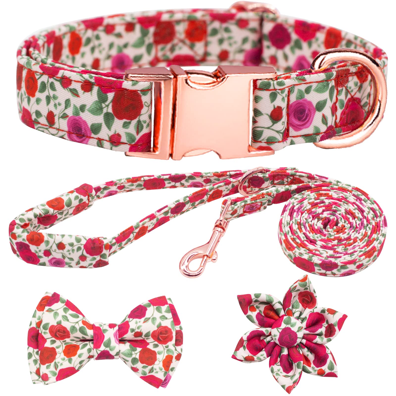 HSIGIO Dog Collar and Leash Set Girls Adjustable Puppy Collars with Floral Bow Tie for Small Medium Large Female Dogs, Red Rose,