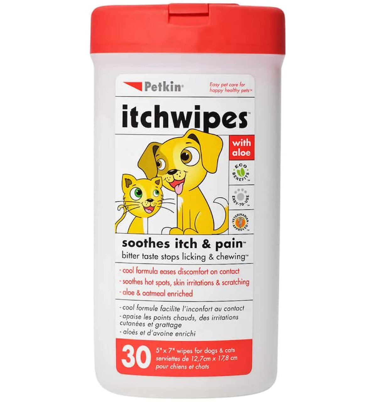 Petkin Anti Itch Wipes For Dogs And Cats - Soothes Hot Spots, Skin Irritations And Scratching - Bitter Taste Stops Licking And Chewing - Super Convenient, Ideal For Home Or Travel - 30 Wipes