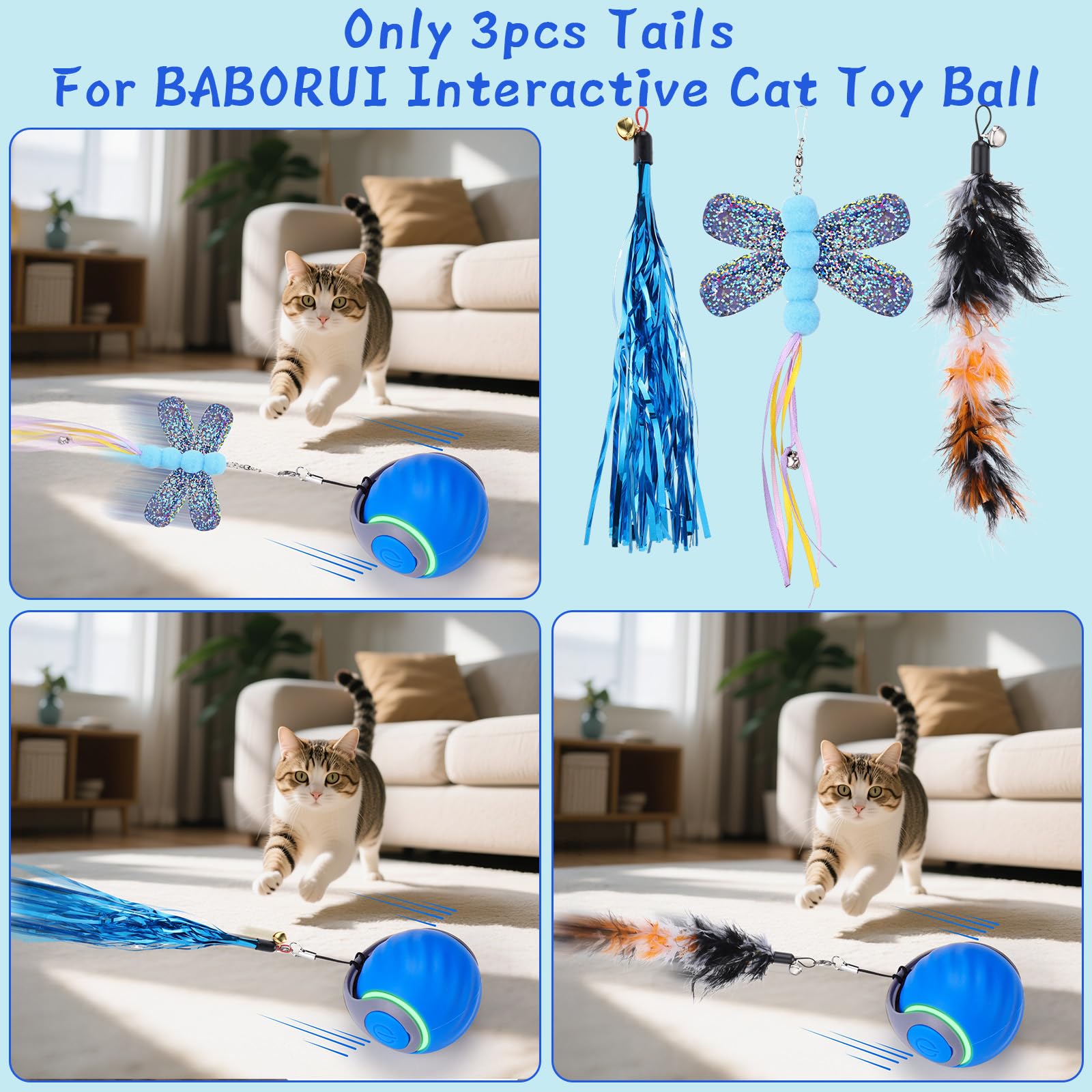 Baborui 3Pack Tails For Interactive Cat Toy Ball, Replaceable Cat Ball Tail, Only Tails(Interactive Cat Toy Balls Not Included)