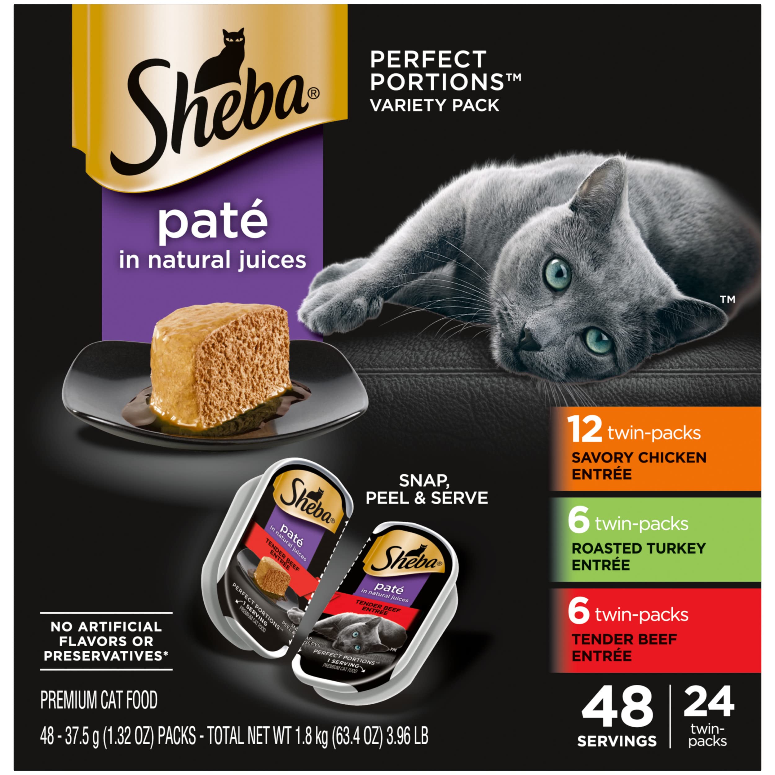 SHEBA Perfect Portions Pat   Wet Cat Food Trays (24 Count, 48 Servings), Savory Chicken, Roasted Turkey, and Tender Beef Entr  e
