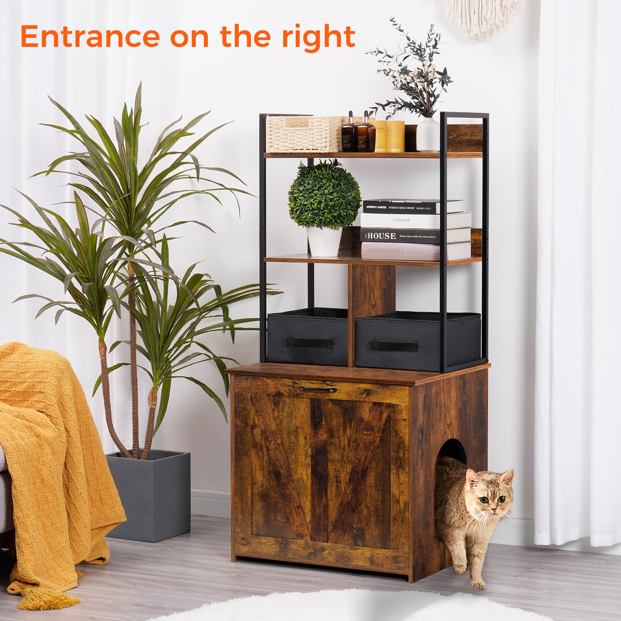 Dwanton Cat Litter Box Enclosure, 50-Inch Rustic Brown, 2 Storage Shelves & Drawers, Particleboard & Steel, Reversible Entrance
