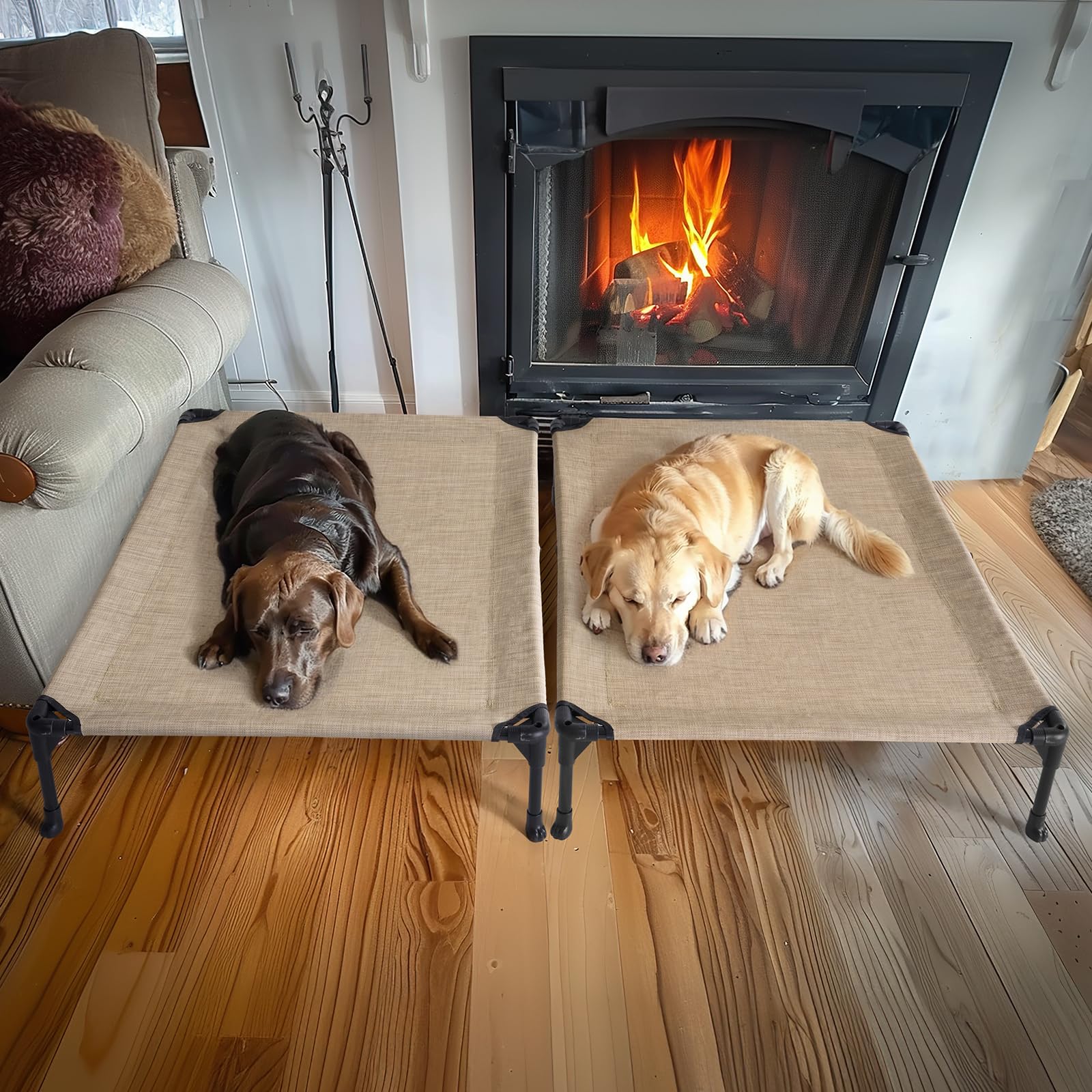 Veehoo 2 Pack Raised Dog Bed, Cooling Elevated Dog Bed, Portable Pet Cot With Washable & Breathable Mesh, No-Slip Feet, Durable Dog Cots Beds For Large Dogs, 42' X 30', Beige Coffee, Cwc1803-L