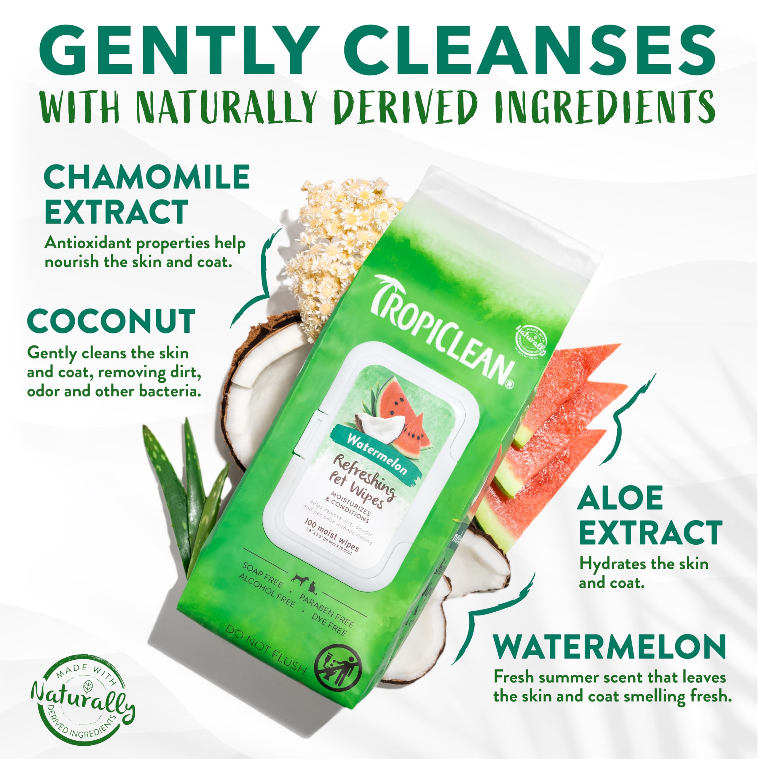 Tropiclean Watermelon Dog Wipes For Paws And Butt | Deep Cleaning Dog Grooming Wipes | Safe For The Face | Cat Friendly | 100 Co