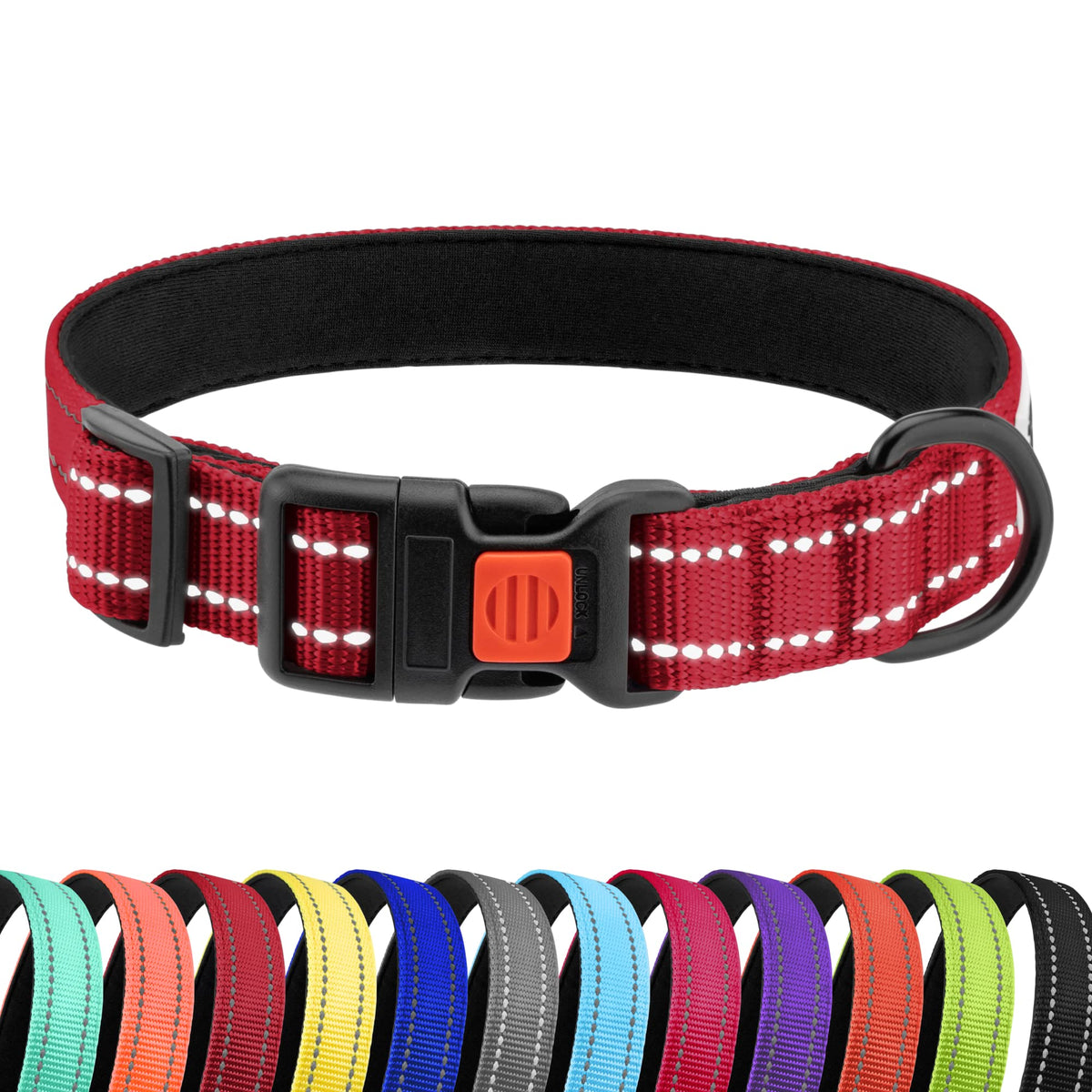 Collardirect Reflective Padded Dog Collar For A Small, Medium, Large Dog Or Puppy With A Quick Release Buckle - Boy And Girl - Nylon Suitable For Swimming (18-26 Inch, Red)