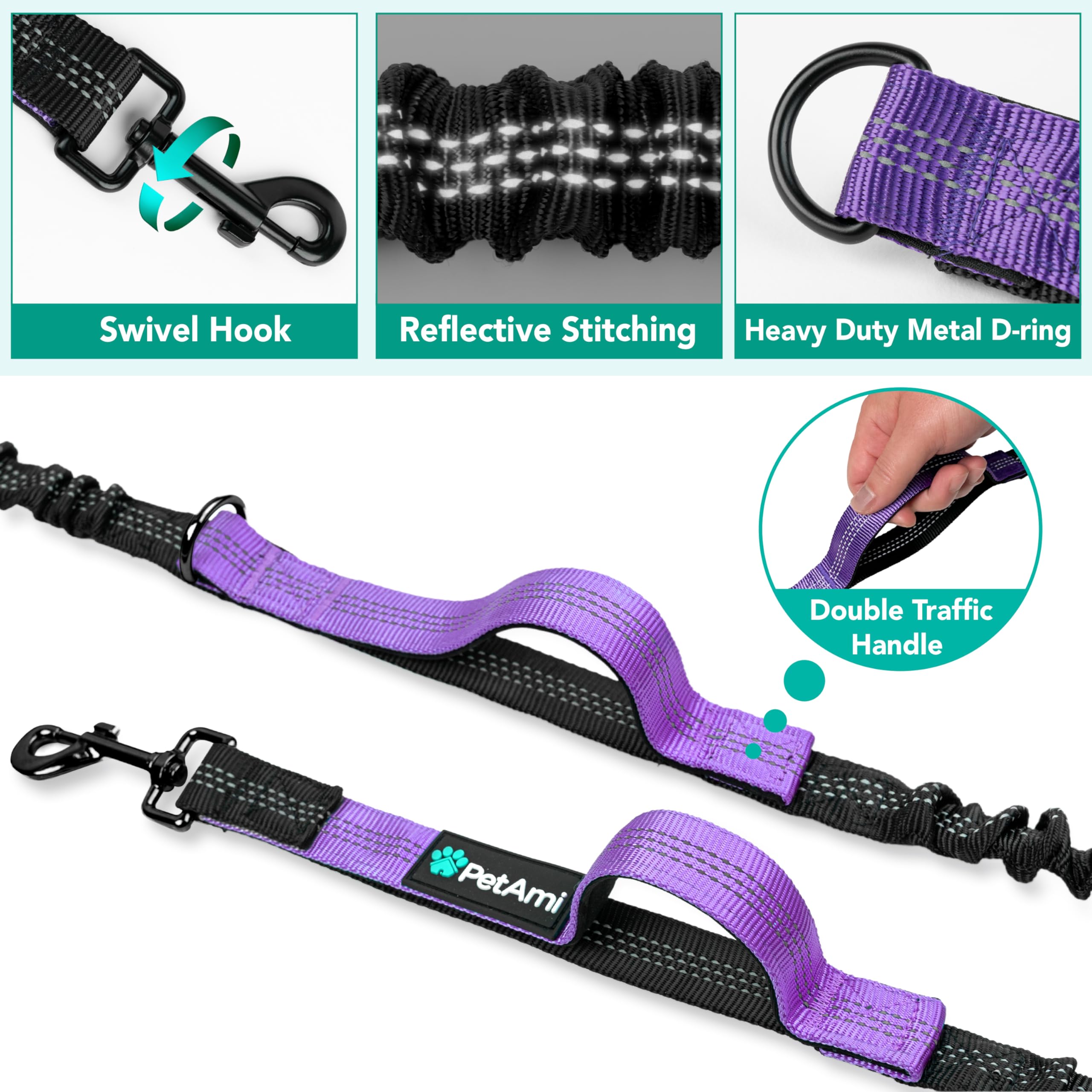 PetAmi Premium Hands Free Dog Leash, Adjustable Waist Belt for Large Dog Walking Up to 125 lbs, Bungee Leash for Pet Running, Hi