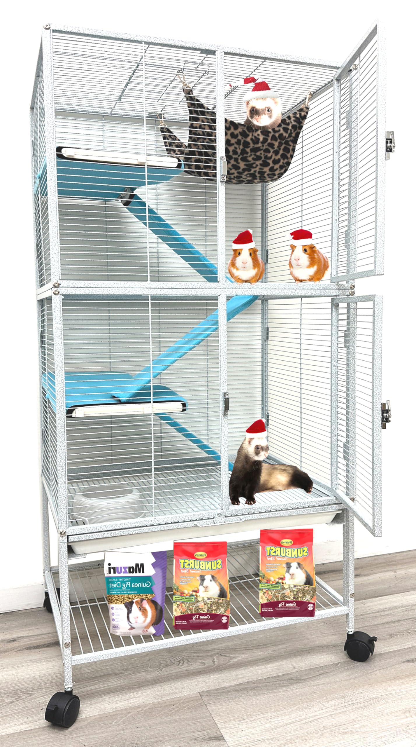 Large Deluxe Double Unit 4-Floors Tight 1/2-Inch Bar Spacing Durable Front Doors For Feisty Ferret Chinchilla Rat Mouse Hamster 