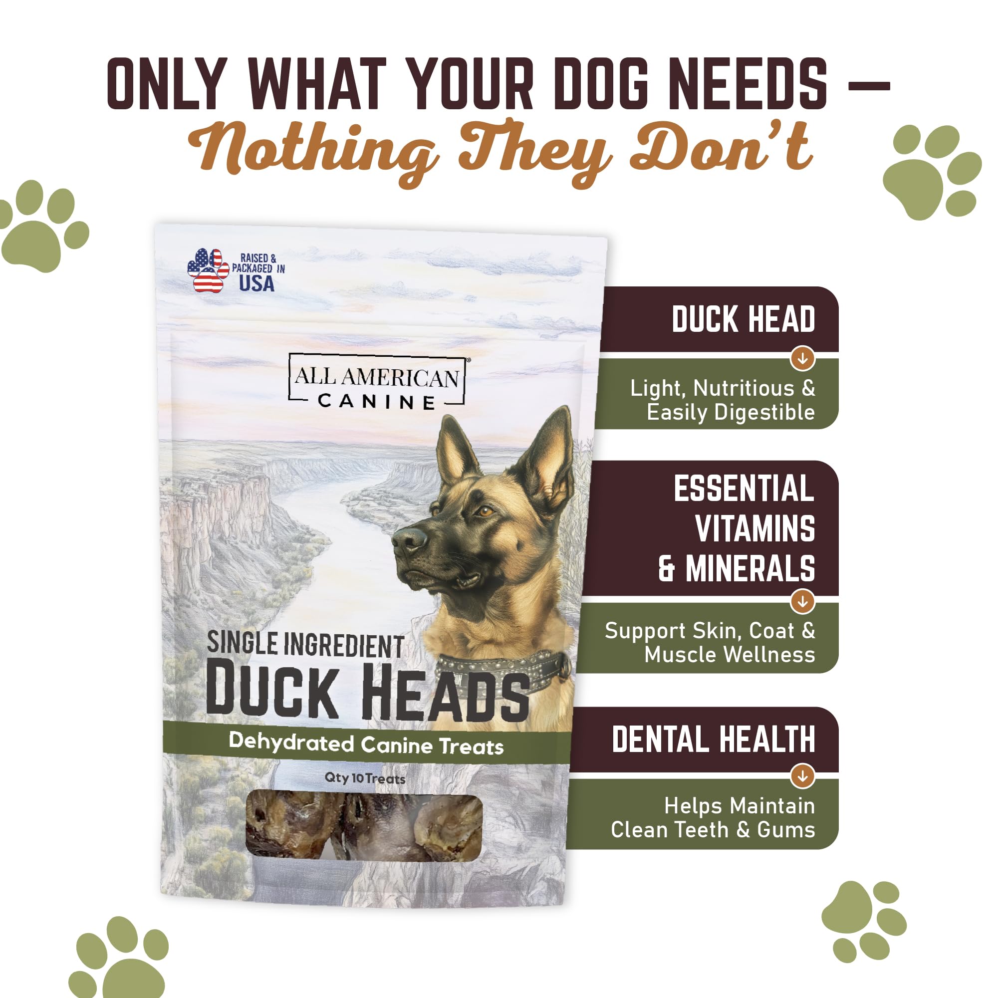 All American Canine Duck Head Dog Treats - Dehydrated, Low-Fat, High-Protein, 10 Count, Made in USA