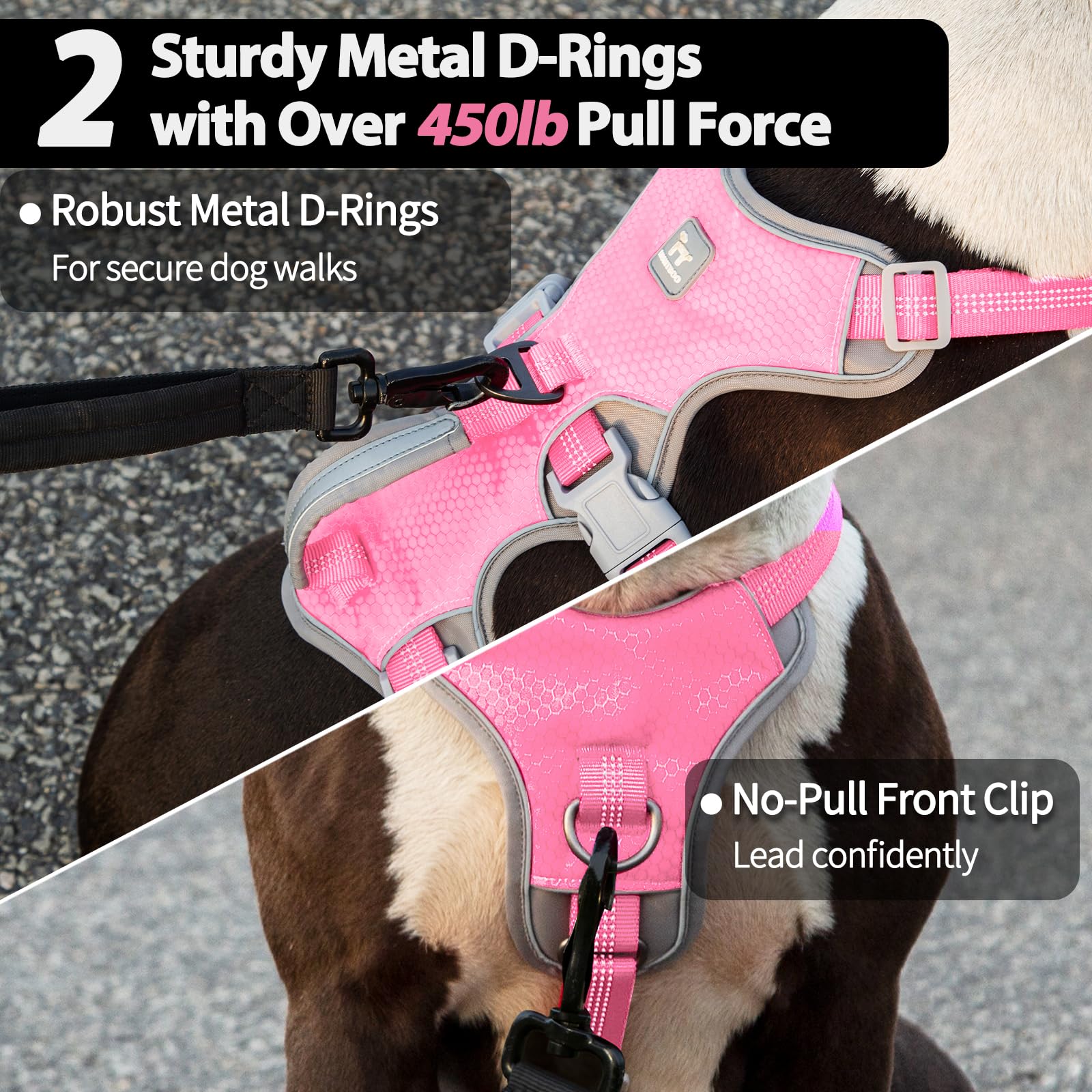 Huntboo Escape Proof Dog Harness, Reflective & Durable Vest for Medium Dogs, Pink, Model HD-03-QFS-M-NEW