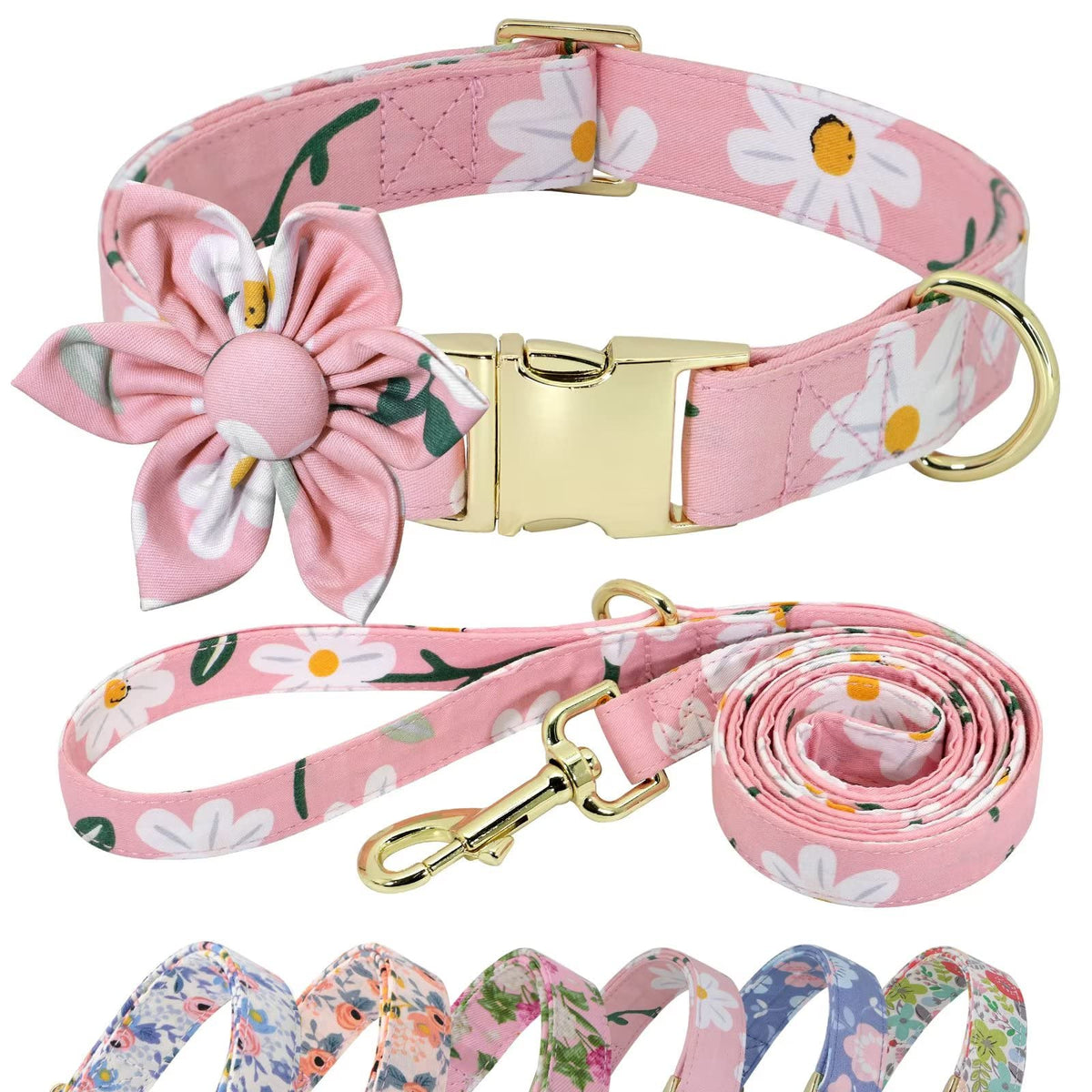 Beirui Cute Girl Dog Collar And Leash Set For Female Dogs- Floral Dog Collar With Flower For Small Medium Large Dogs Puppy, M:Neck 13-21', Leash 5Ft, Pink-2