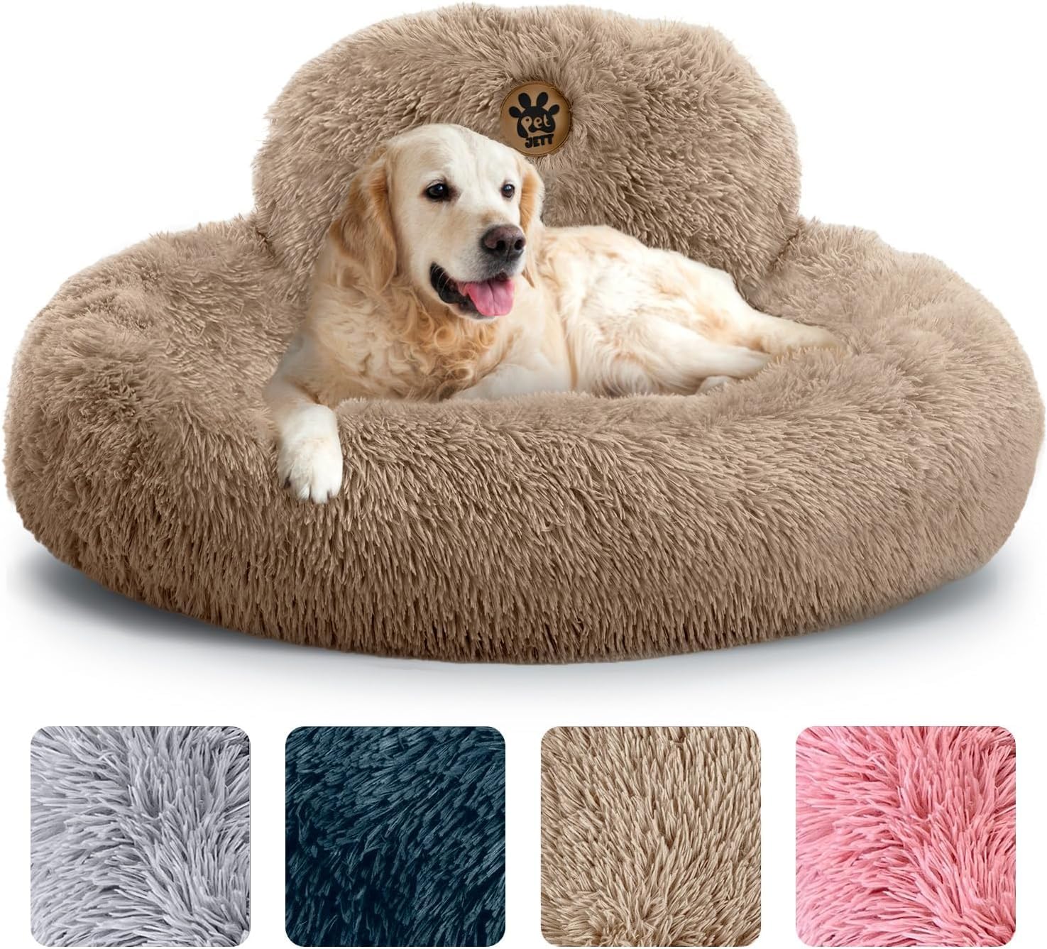 PetJett Calming Large Dog Bed - 36 Donut Dog Beds, Anti-Slip & Washable Large Round Bed, Fluffy Faux Fur Pet Bed, Super Soft A