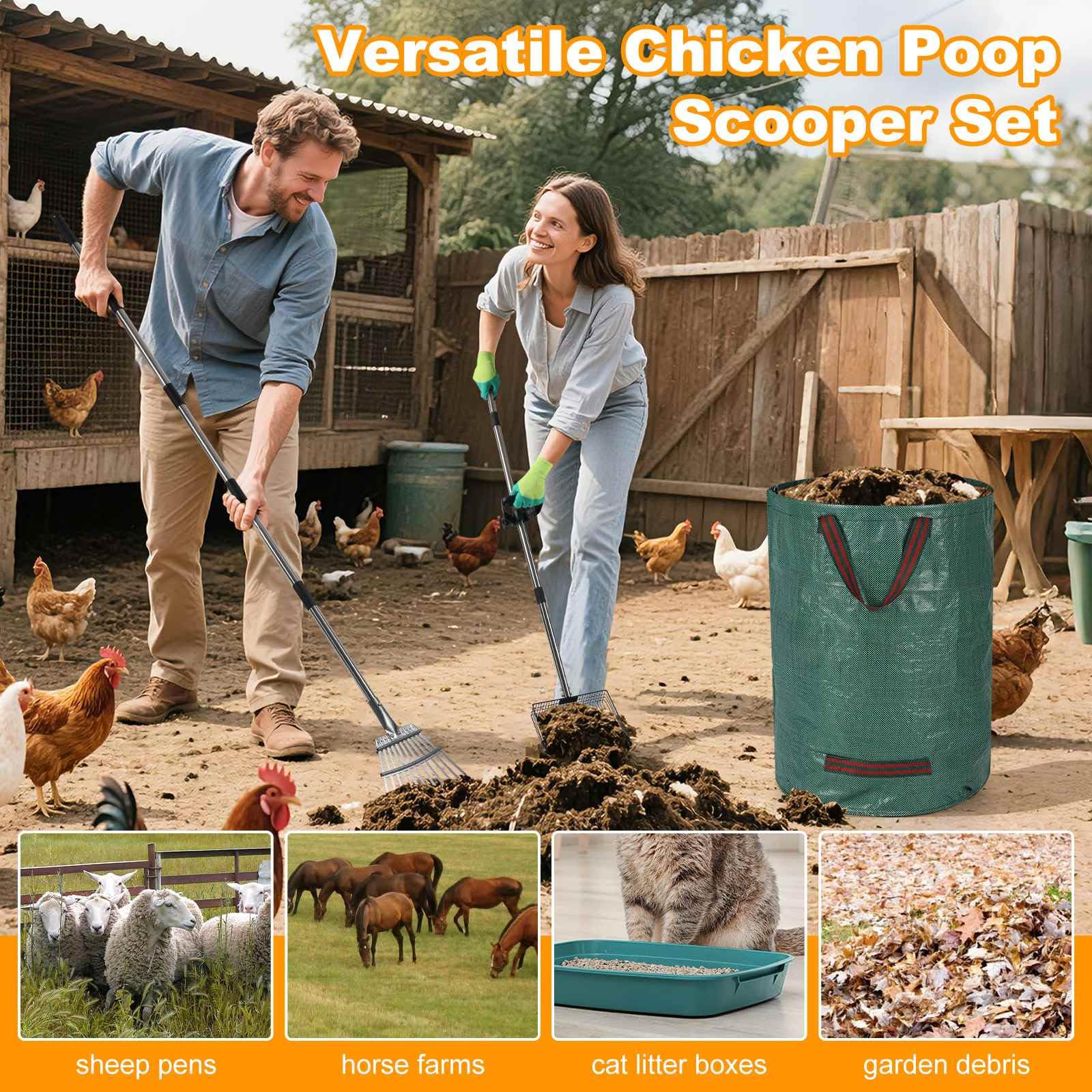 Chicken Poop Scooper Set - Adjustable Coop Scoop with Ergonomic Grip, Rake, Reusable Waste Bag & Gloves - Durable Sand Sifting L