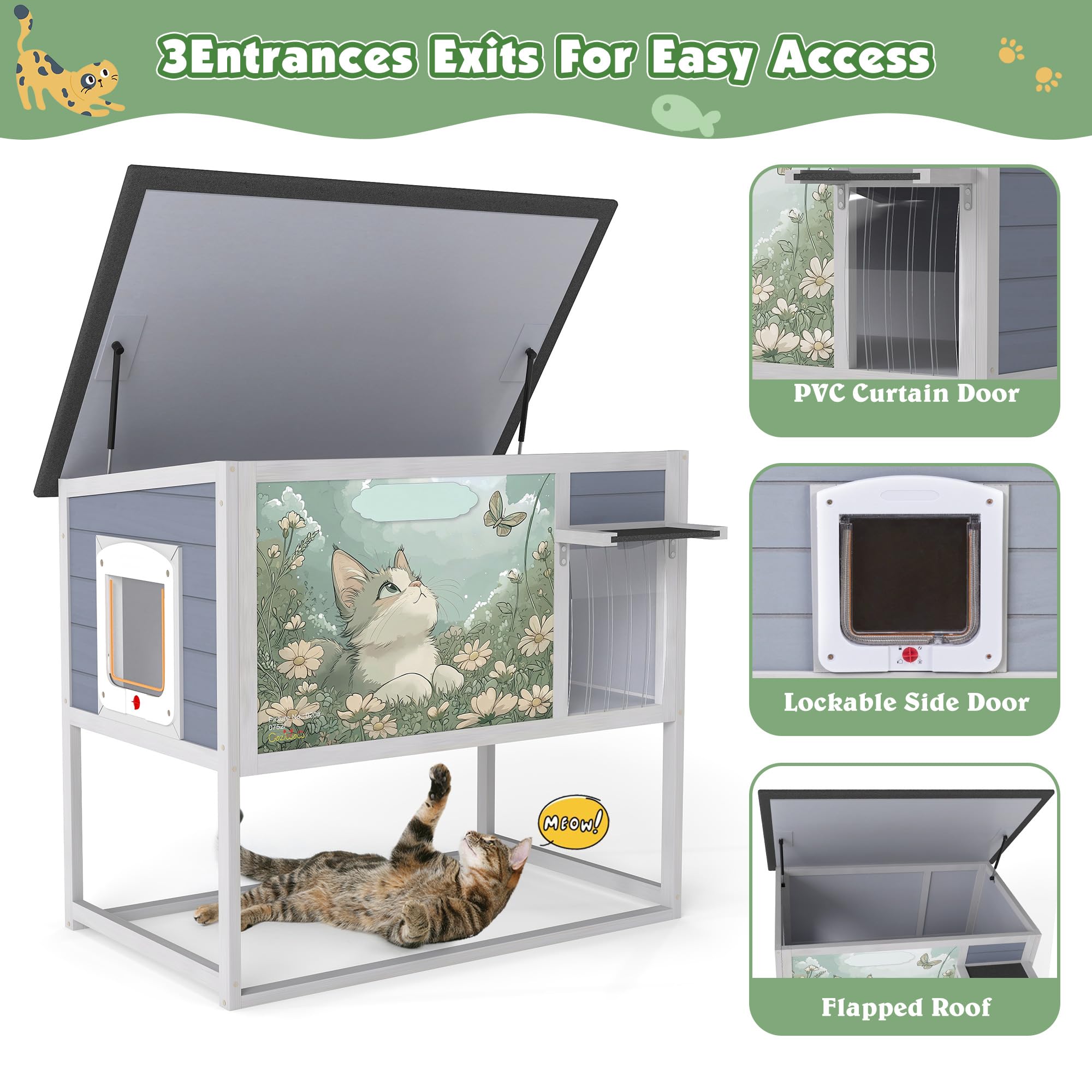 Outdoor Cat House Raised Wood Cat Enclosure With Openable Roof, Curtained Door, Escape Door, Weatherproof Pet Condo For Feral Ca