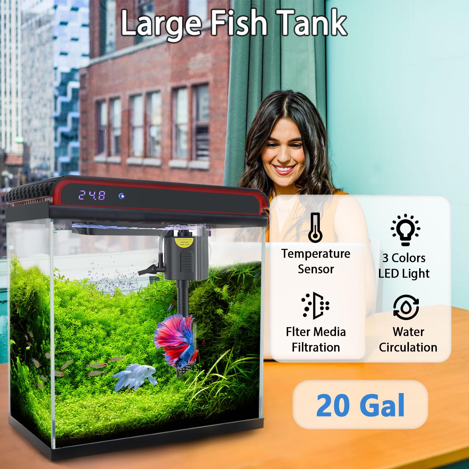20 Gallon Fish Tank, Betta Fish Tank Large Aquarium Turtle Tank Starter Kits Self Cleaning With 3 Types Of Led Lights And Filter