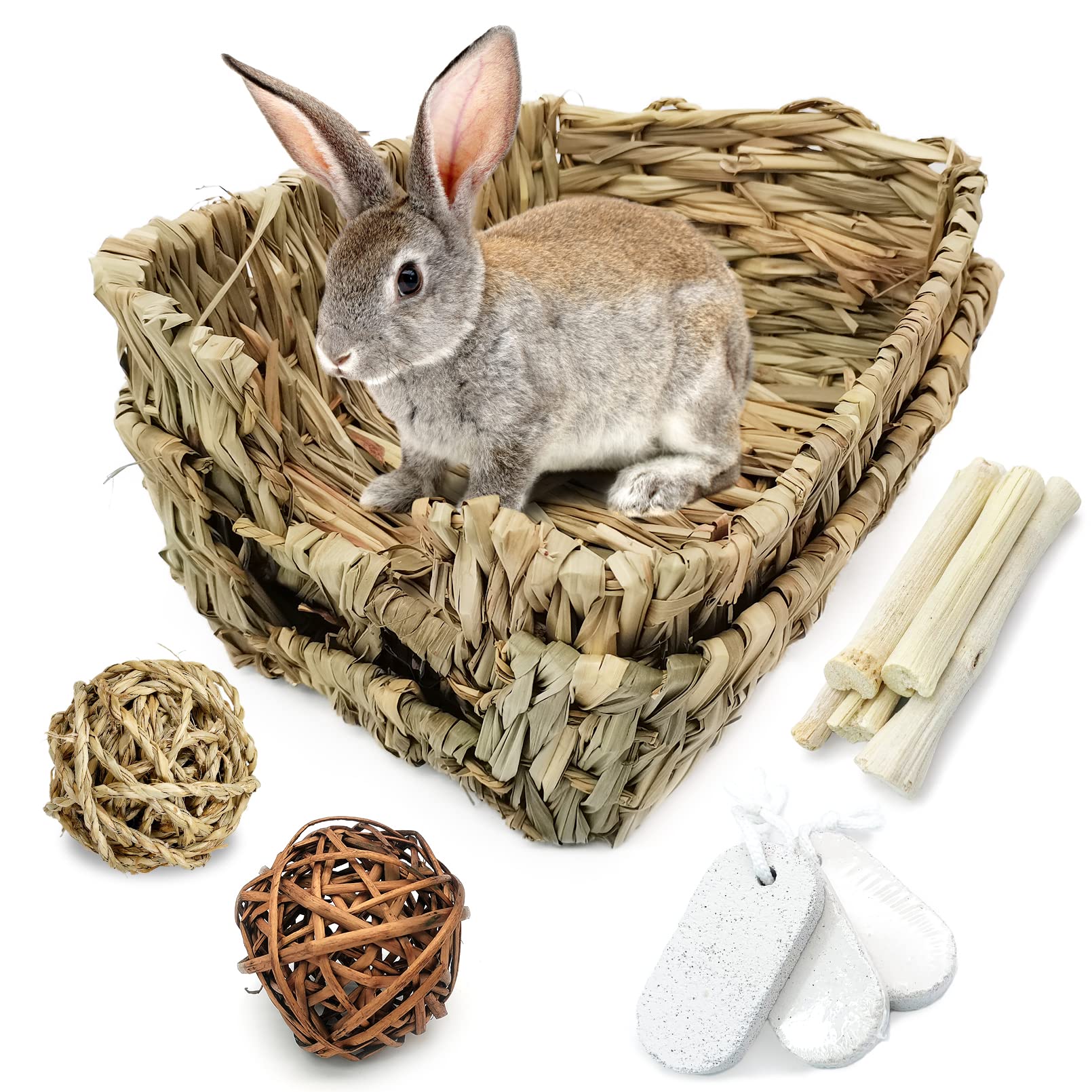 Hamiledyi Rabbit Grass Bed For Bunny, 12 Pcs Pet Bunny Chew Toys Natural Hand-Made Woven Hay Mat Hamster Grass Basket Small Anim