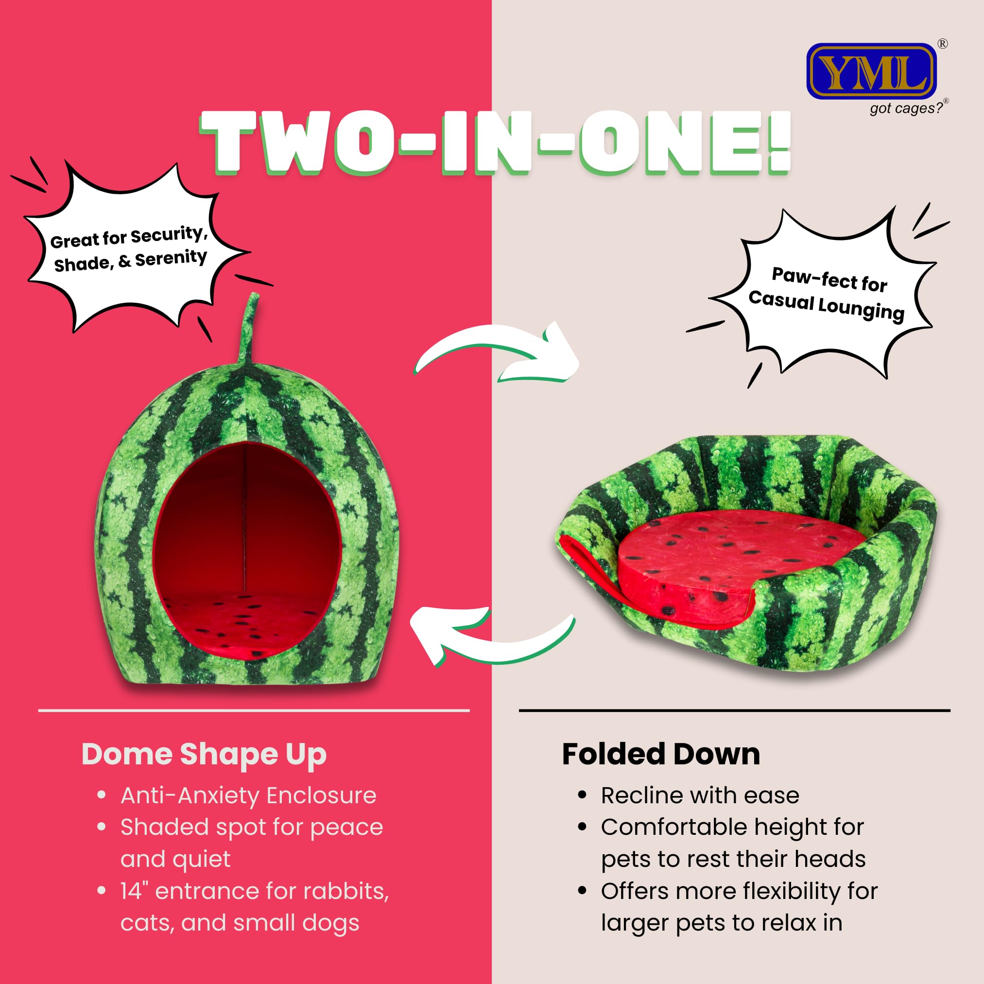 Yml Watermelon Pet Bed - Cute Calming Fruit Bed With Removable Cushion For Dogs, Indoor Cats, Rabbits, Small Animals - 20 Inch, Green, Red